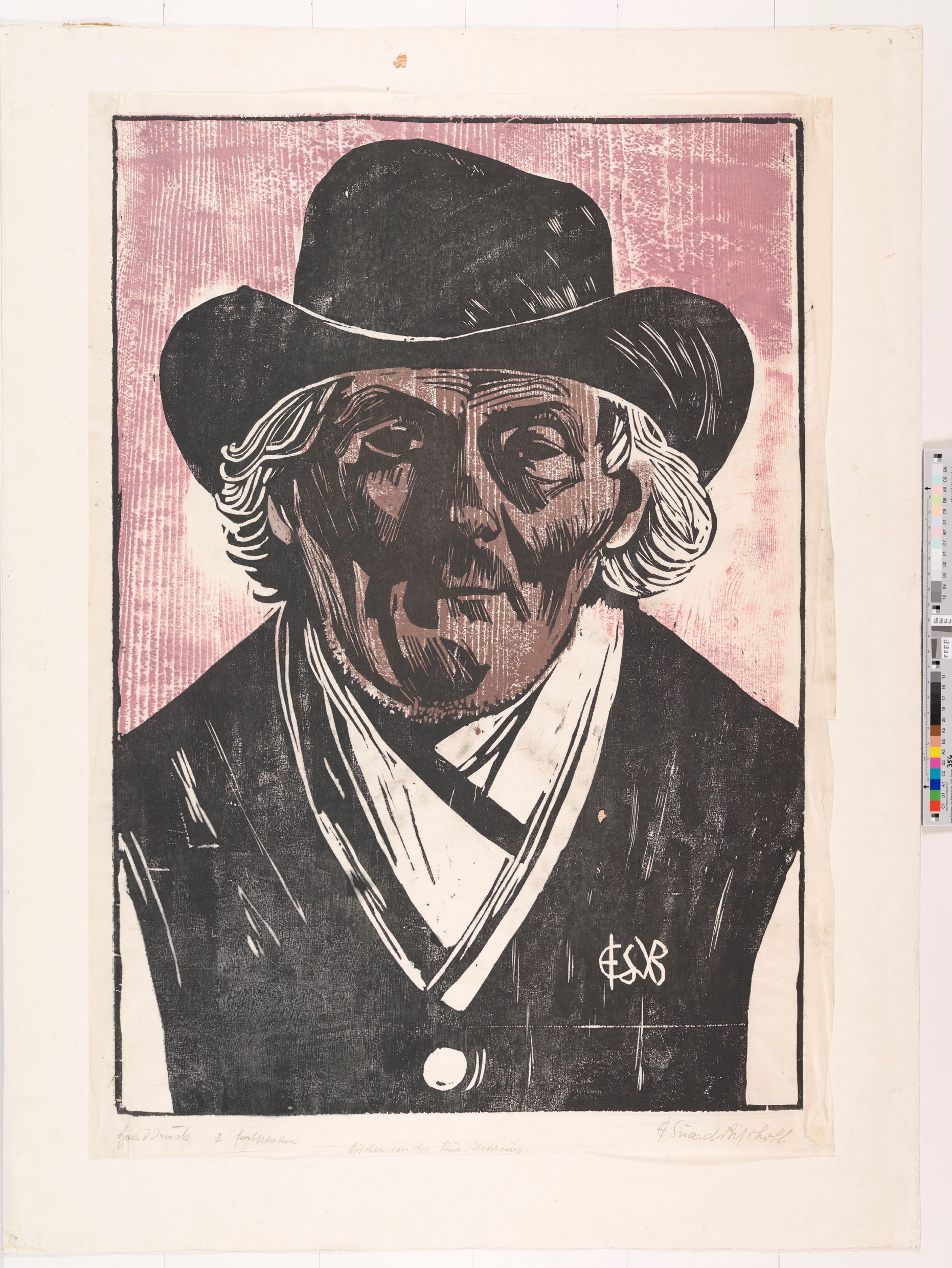 Abstraktes Portrait von einem Mann mit einem schwarzen Hut und einer schwarzen Weste. Der Mann hat weiße Haare, die über seine Ohren gehen.