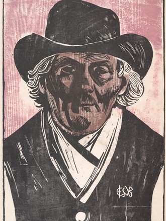 Abstraktes Portrait von einem Mann mit einem schwarzen Hut und einer schwarzen Weste. Der Mann hat weiße Haare, die über seine Ohren gehen.