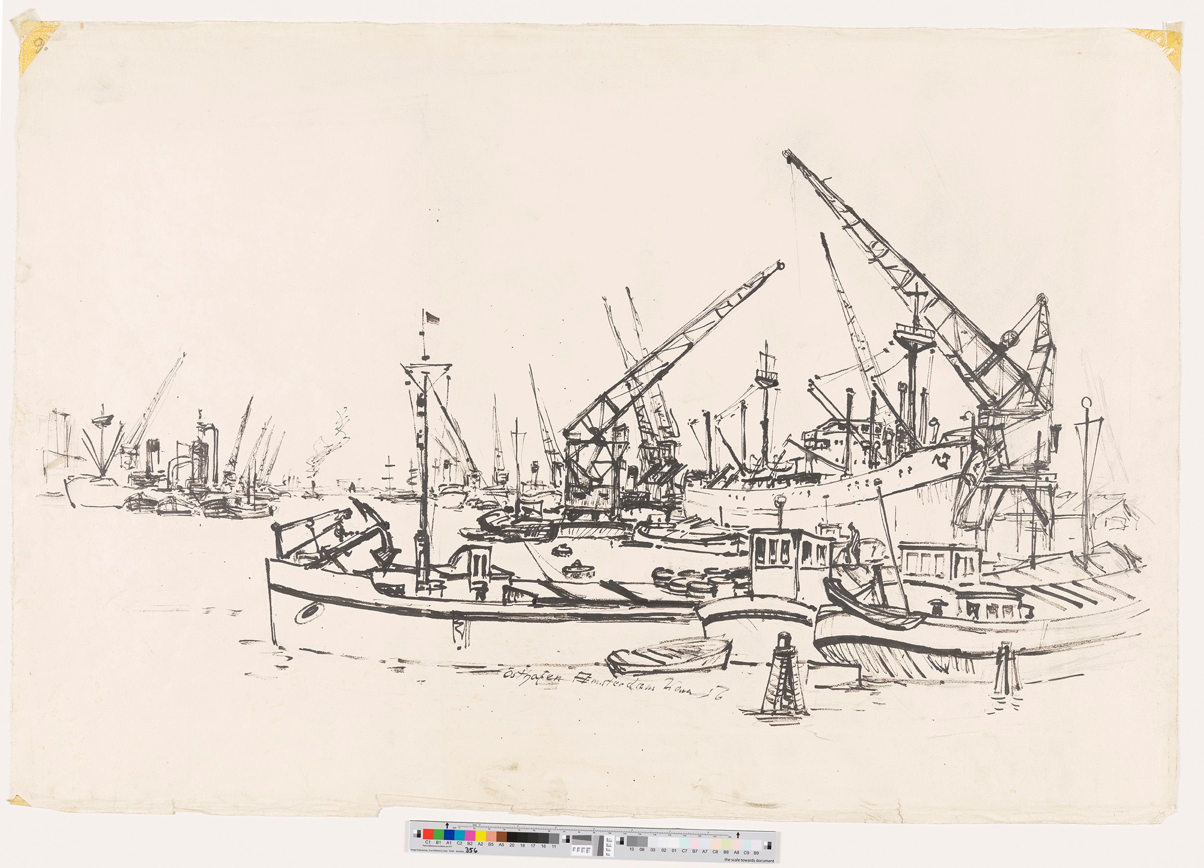 Skizze des Osthafens in Amsterdam. Zu sehen sind Schiffe und Kräne in einem Industriehafen.