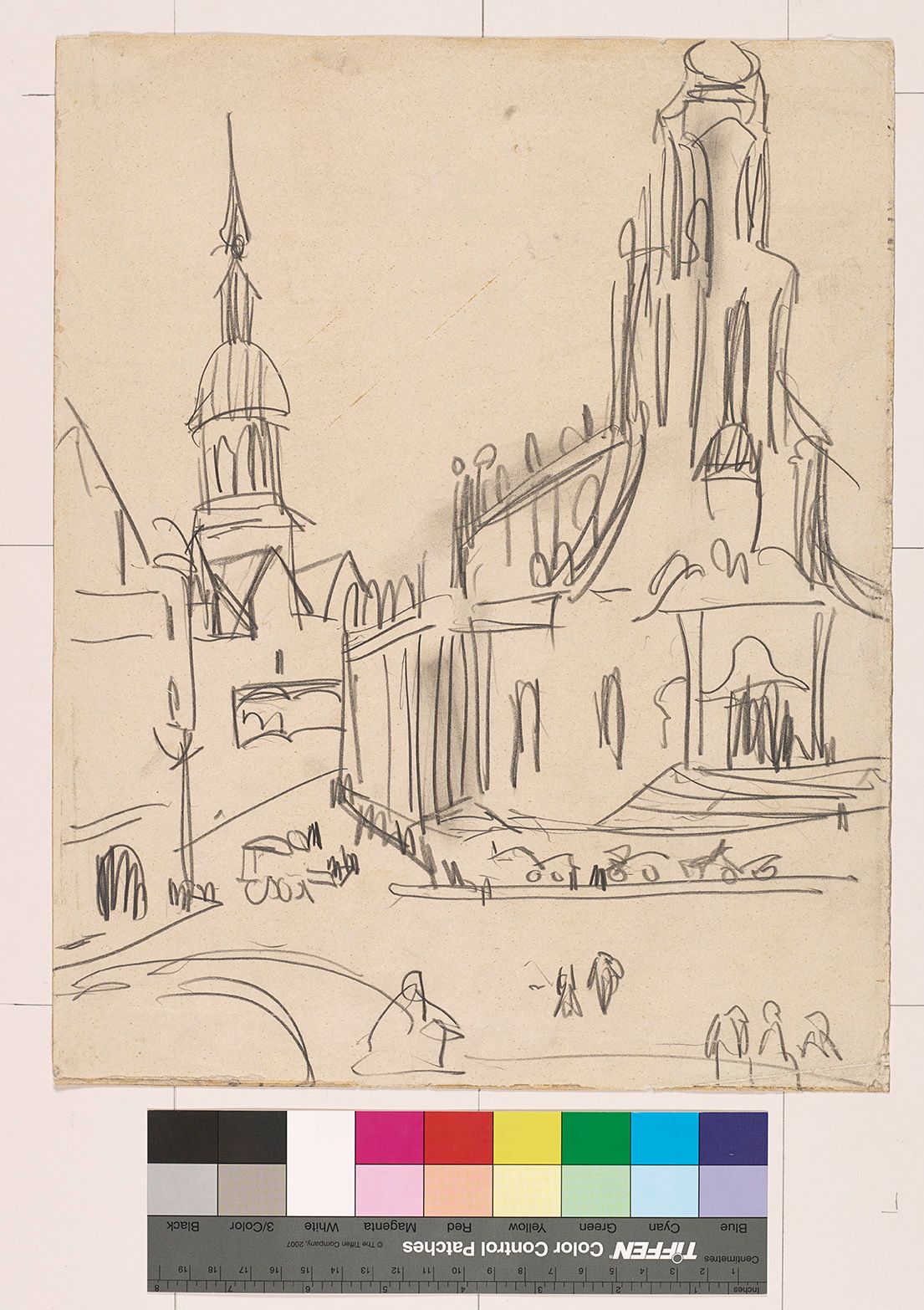 Skizze eines Kirchenplatzes mit Kirchenfassade und Turm im Hintergrund.