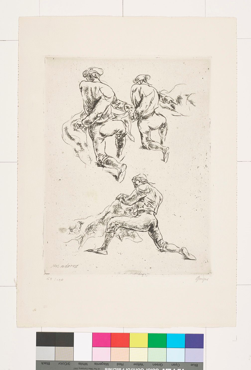 Skizze. Drei Ansichten von einem Mann von hinten in dynamischen Posen (angewinkeltes Bein, Arm hinter dem Rücken). Mit einer nicht identifizierbaren Gestalt. 