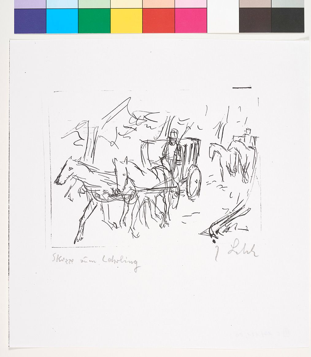 Schnelle Skizze von zwei Pferdekutschen die durch eine Allee fahren.