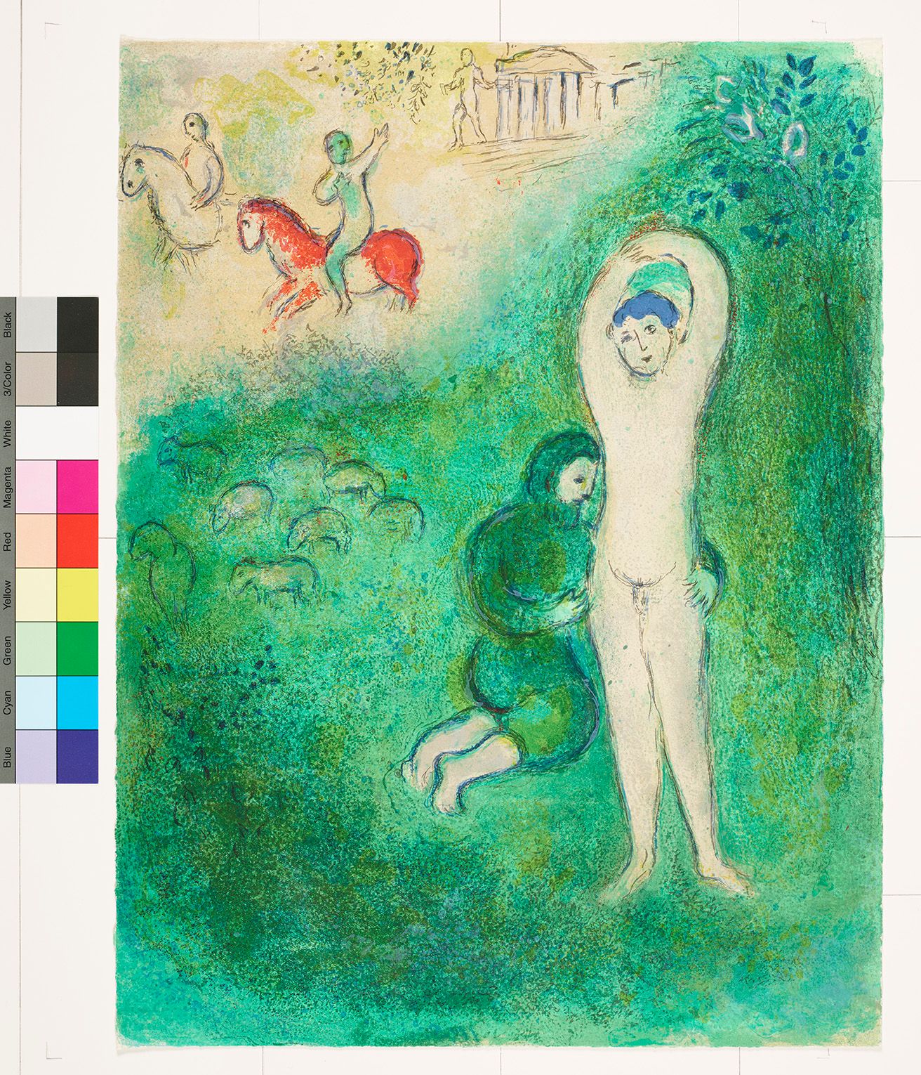 Abstraktes Bildmotiv von einem nackten Mann, der auf einem grünen Untergrund steht. Neben ihm sitzt ein Mann mit Bart, der seine Taille hält. Am oberen linken Bildrand sind zwei Reiter und ein antiker Tempel.