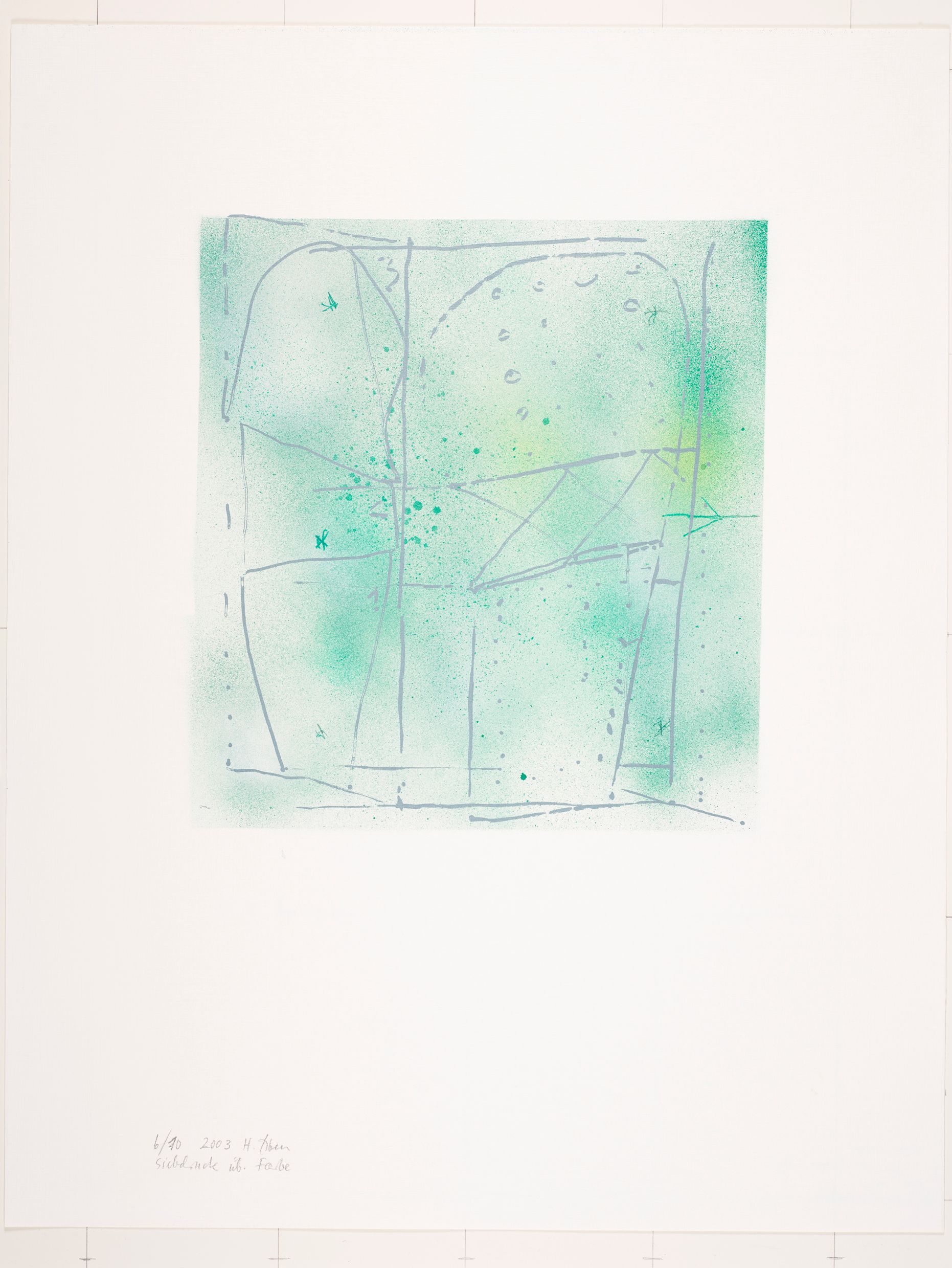 Abstrakte Skizze mit geometrischen Formen auf grünem Untergrund (Viereck, Dreieck, Halbkreis, Punkt).