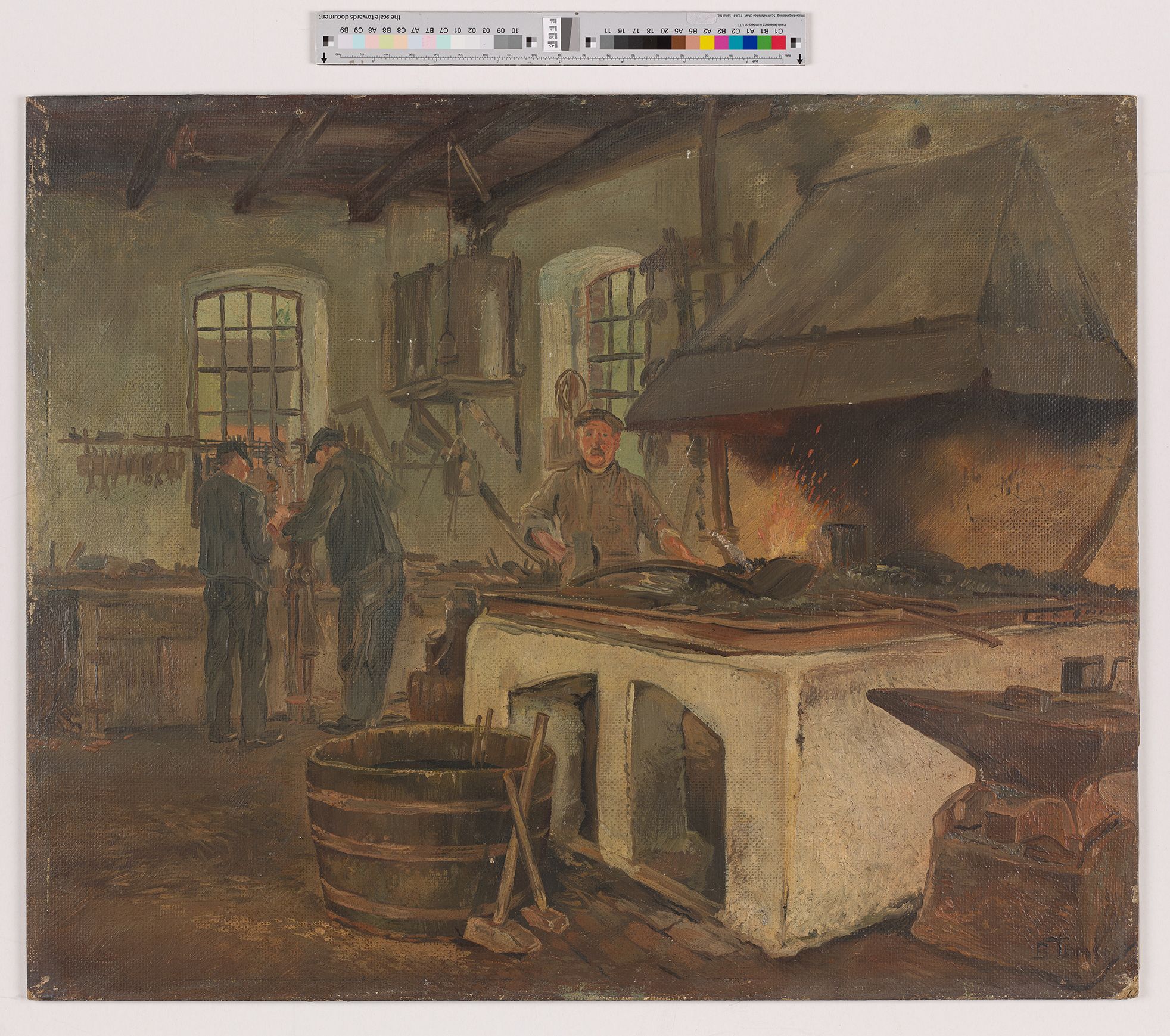 Der Bildträger zeigt eine Szene in einer Schmiede.