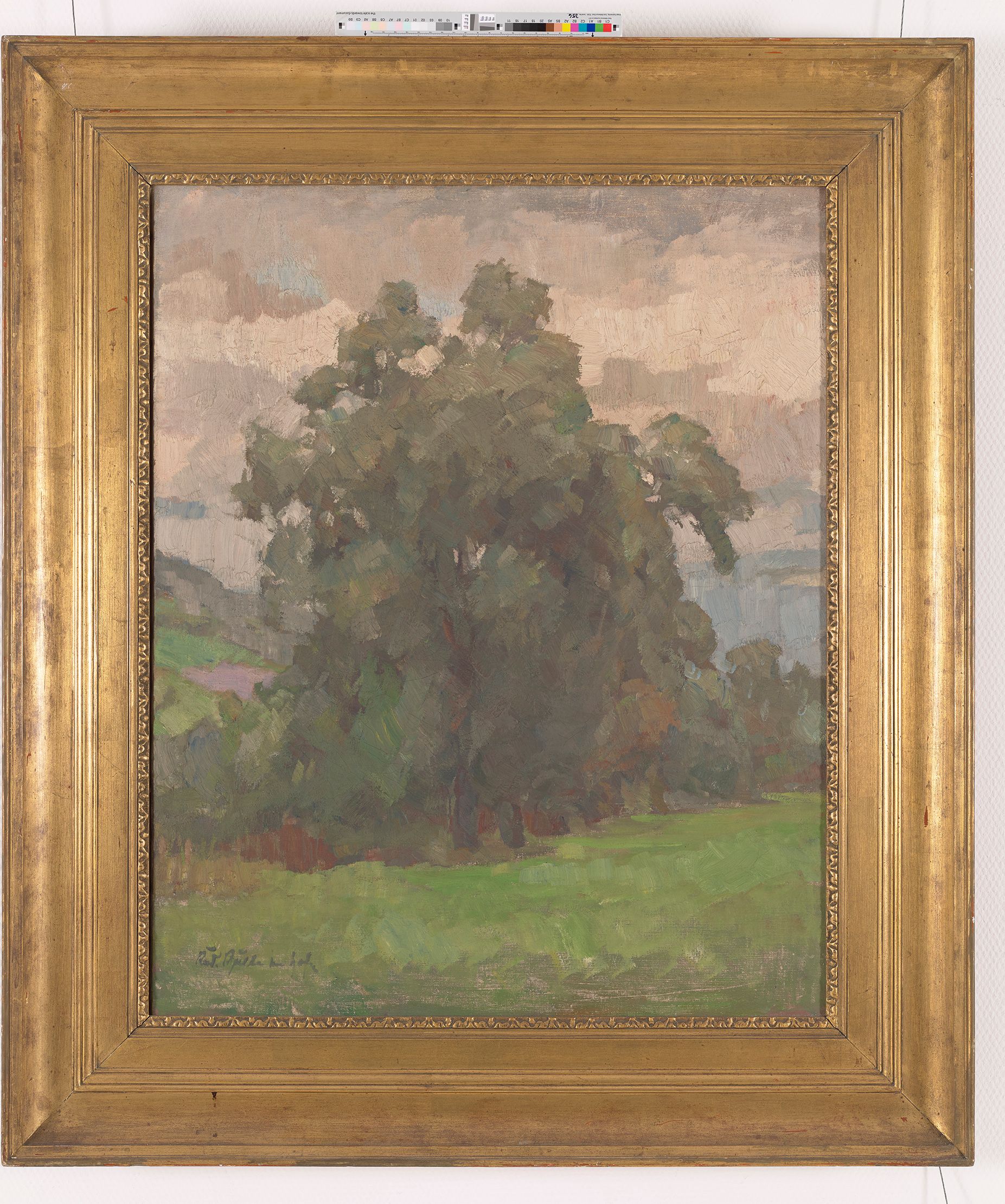 Gemälde einer Weide. Ausschnitt fokussiert auf Weidebaum. Im Vordergrund- und Hintergrund sind bergige Graslandschaften zu sehen. 