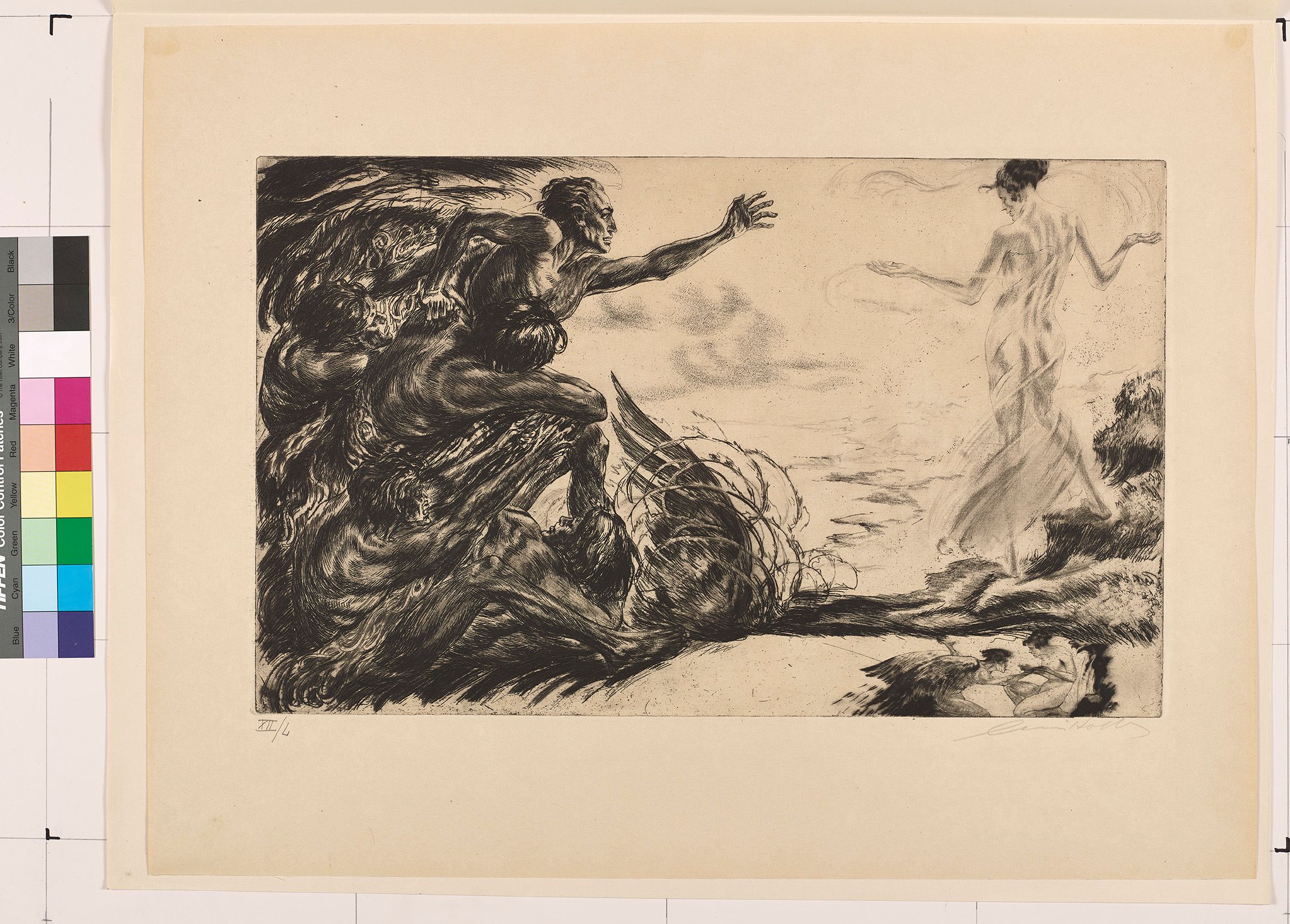 Aus einem Gerangel von Körpern auf der rechten Bildseite springt ein unbekleideter Mann heraus und streckt seine Hand einer nur mit einem durchscheinenden Schleier bedeckten Frau auf der rechten Seite entgegen. zu seinen Füßen brennt ein Dornenbusch