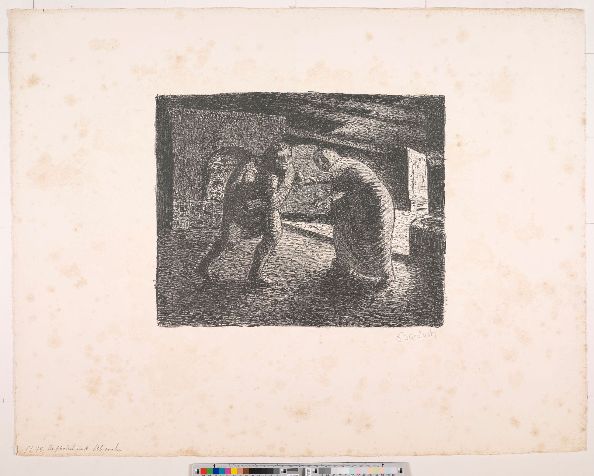 Zeichnung. Zwei Personen in einem Zimmer, die in entgegengesetzte Richtungen laufen. 