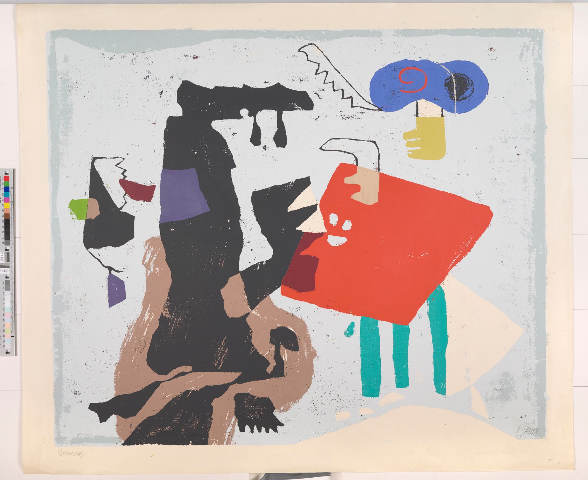 Abstraktes Bildmotiv mit geometrischen Farbformen (rot, grün, blau, gelb, braun, schwarz, lila).