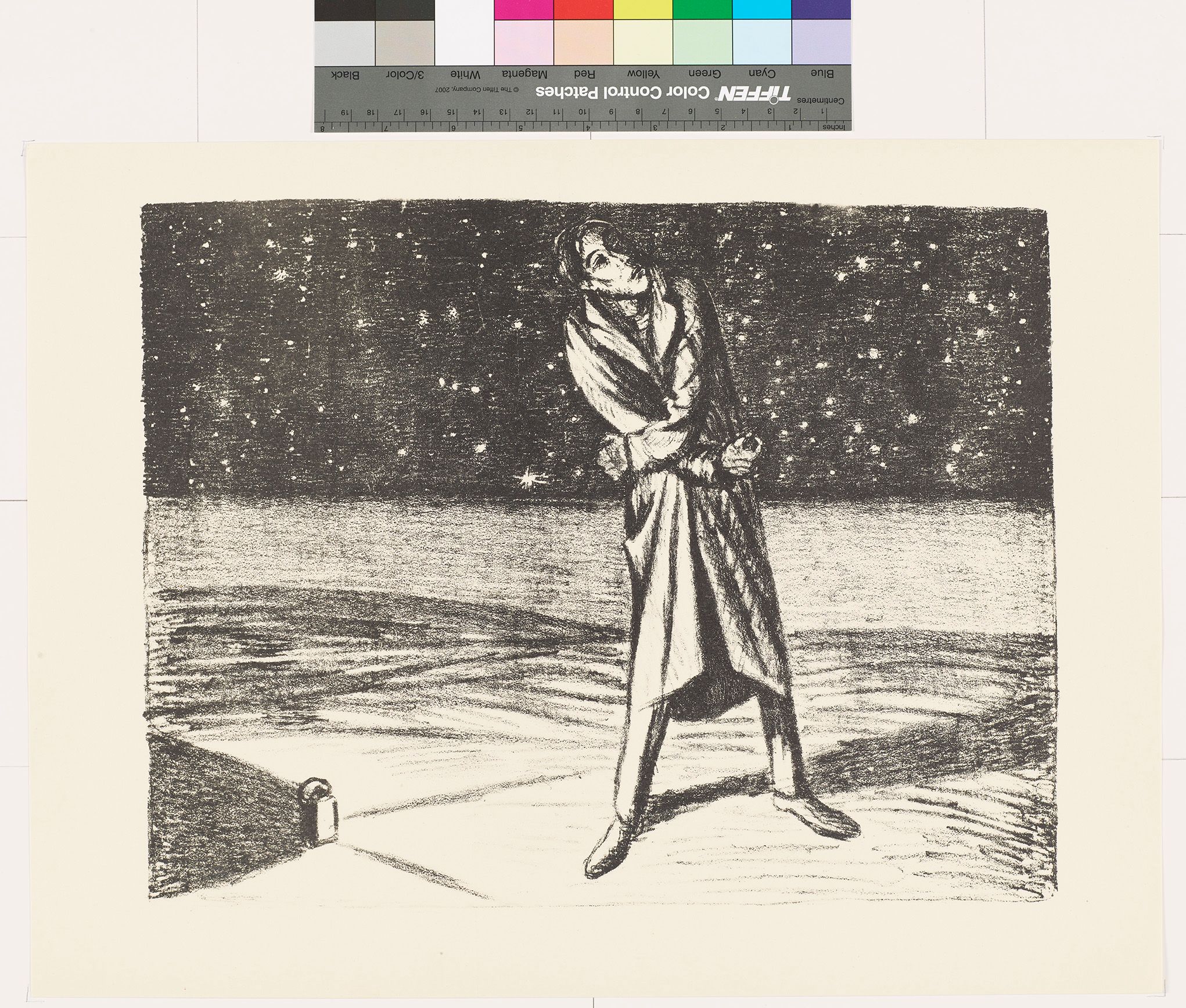 Skizze von einem hochschauenden Mann vor einem Sternenhimmel.