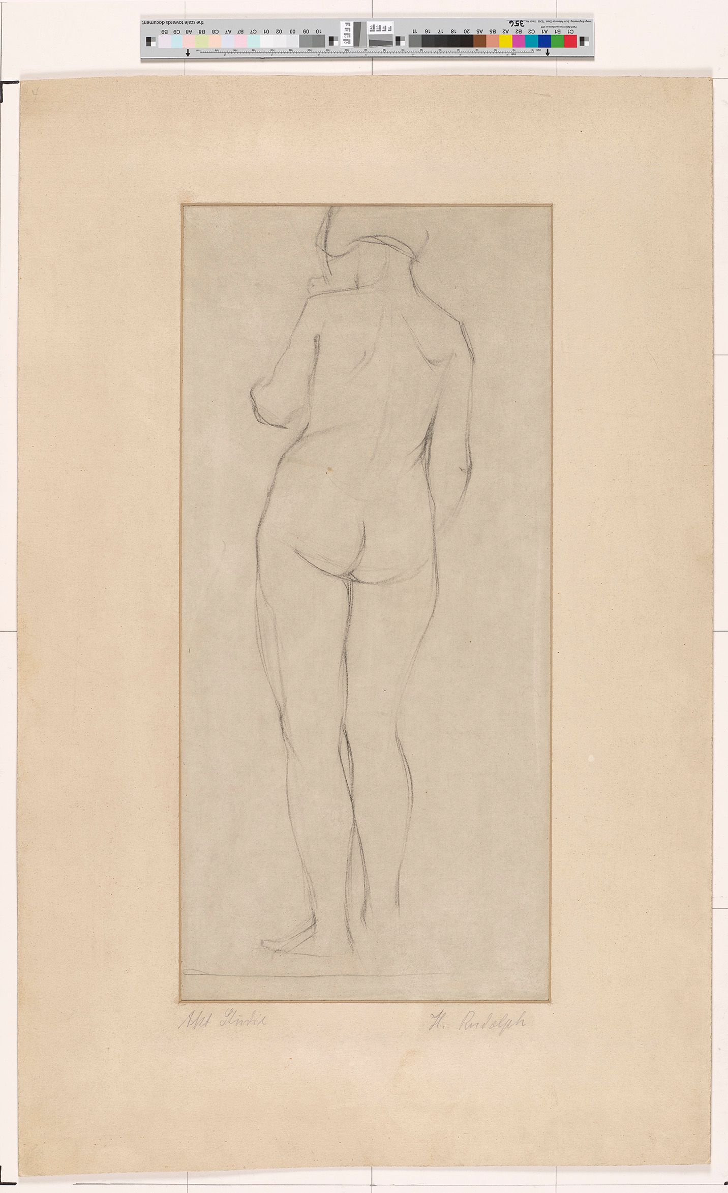 Aktstudie einer stehenden Frau von hinten. 