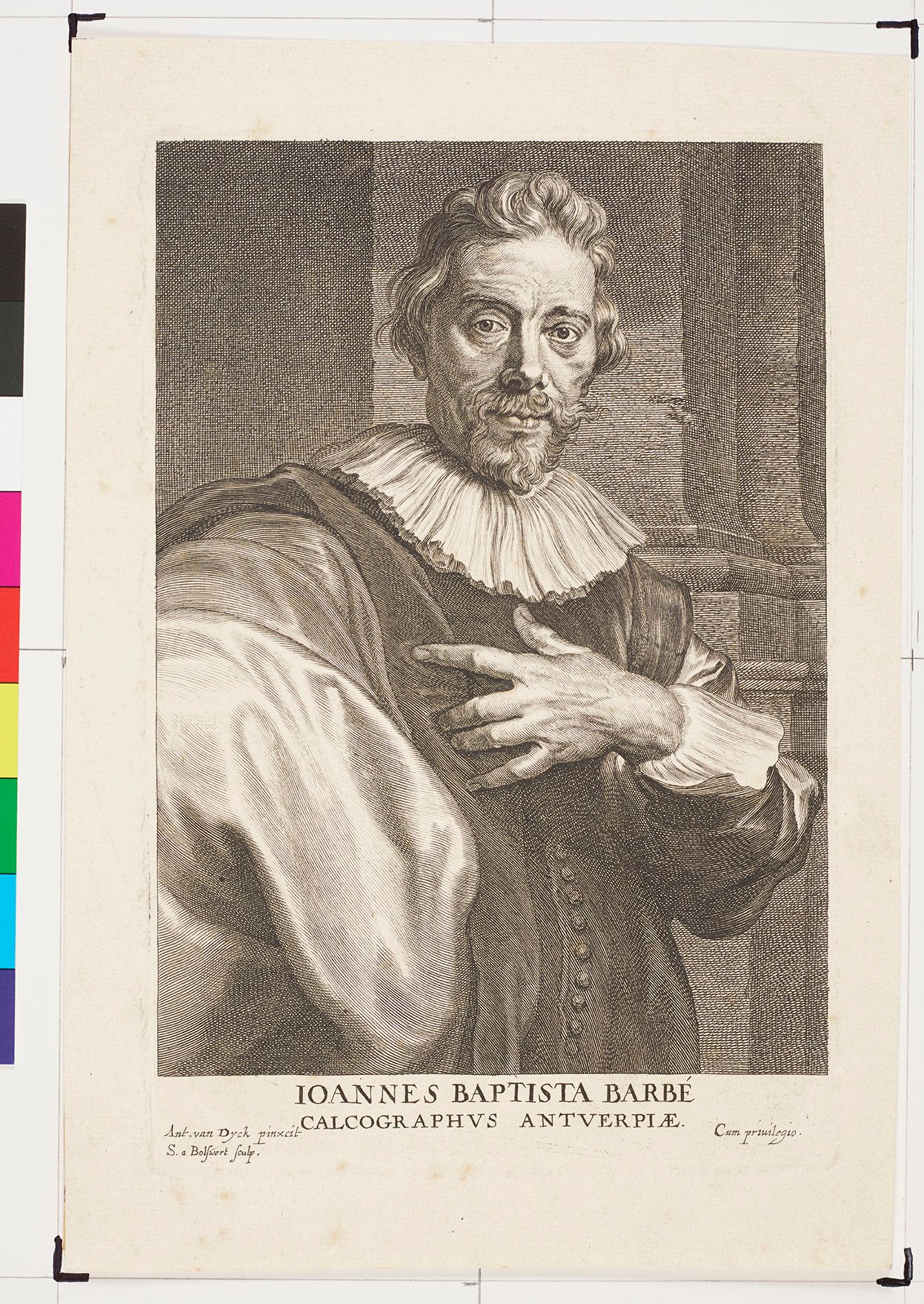 Adelsportrait von Johannes Batista Barbé. Der rechte Arm ist zu dem Betrachter ausgestreckt und die andere Hand zeigt auf seine Brust. Er trägt ein Hemd mit Schulterpolster und einem rundem Faltenkragen.