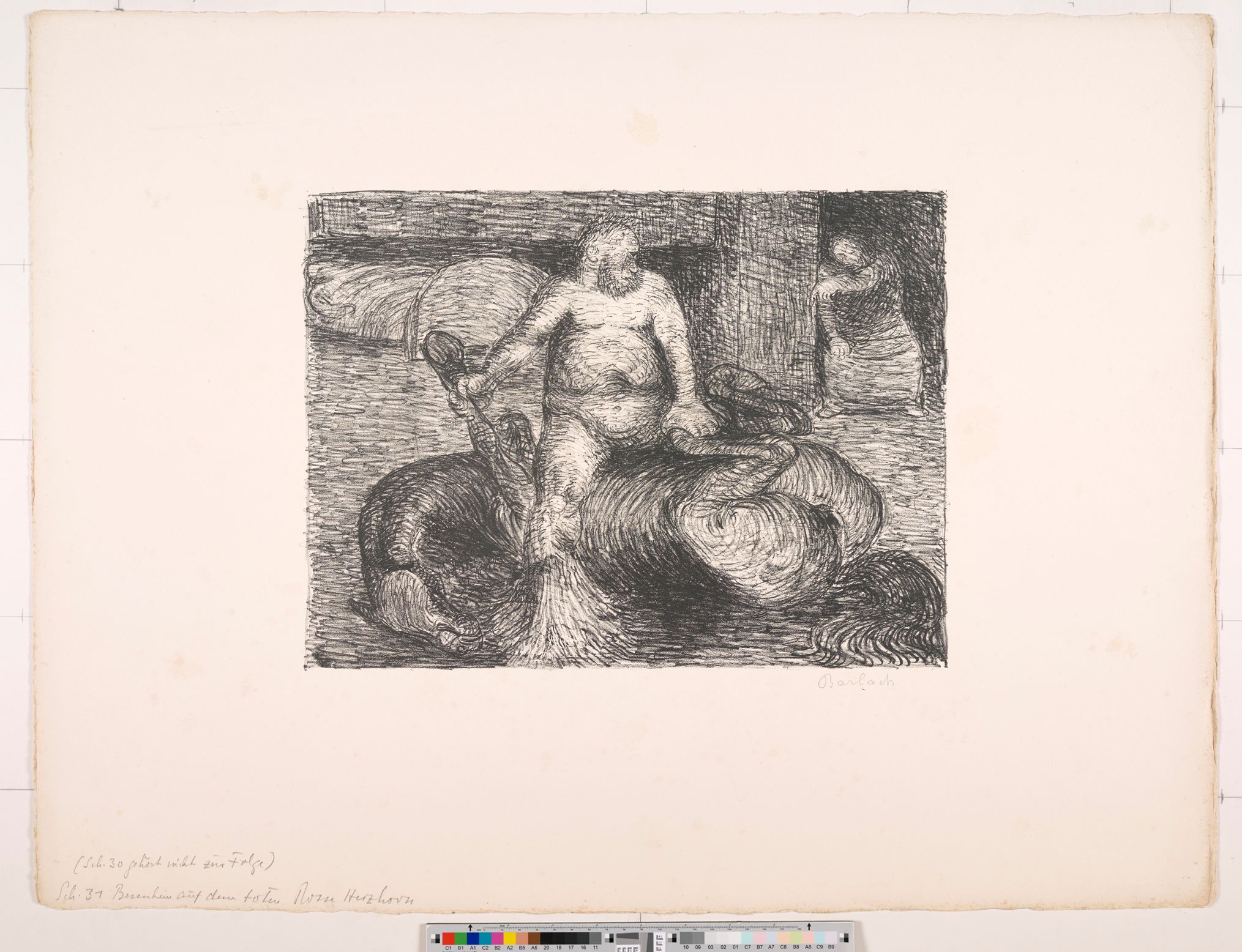 Zeichnung. Besenhein auf dem toten Ross Herzhorn. Rechts im Hintergrund ist eine Frau.