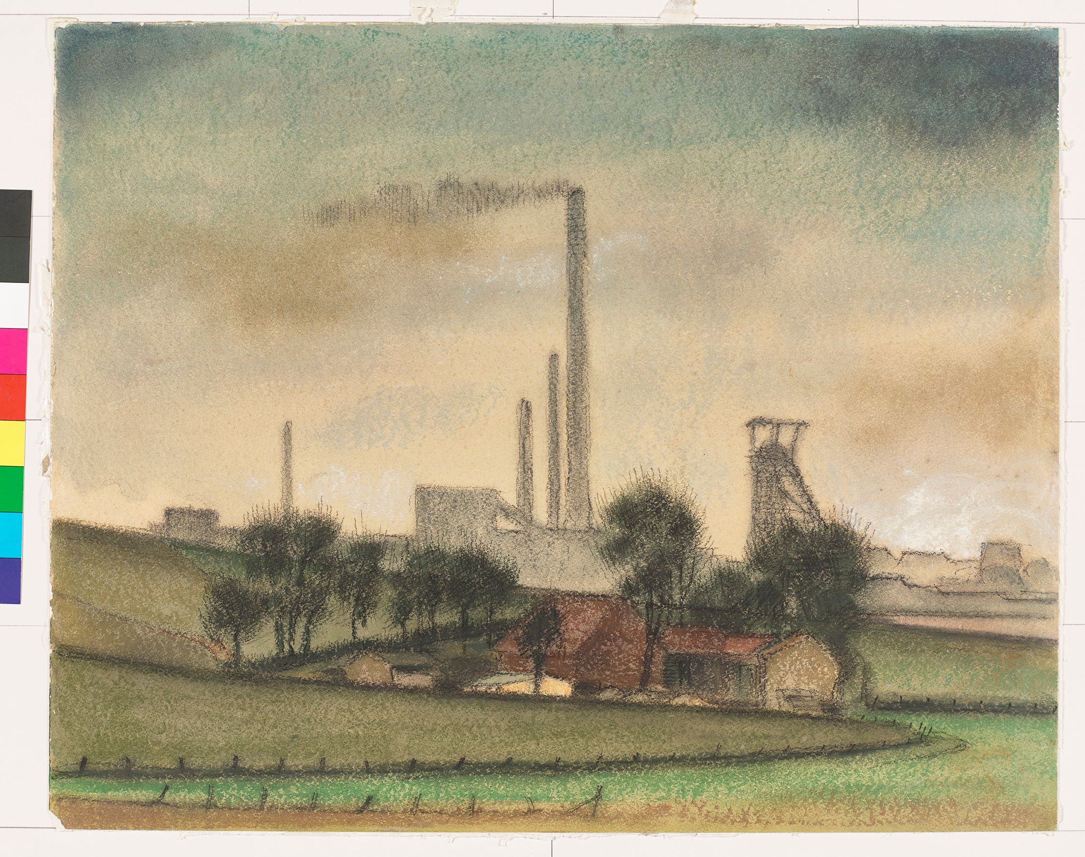 Vorne im Bild eine moosgrüne und ländlich wirkende Landschaft mit Wiesen, Zäunen und einem Hof samt vereinzelten Bäumen. Im Hintergrund große rauchende Türme einer Kokerei samt Förderturm der Zeche. Der Himmel ist in verschieden Grautönen gehalten. 