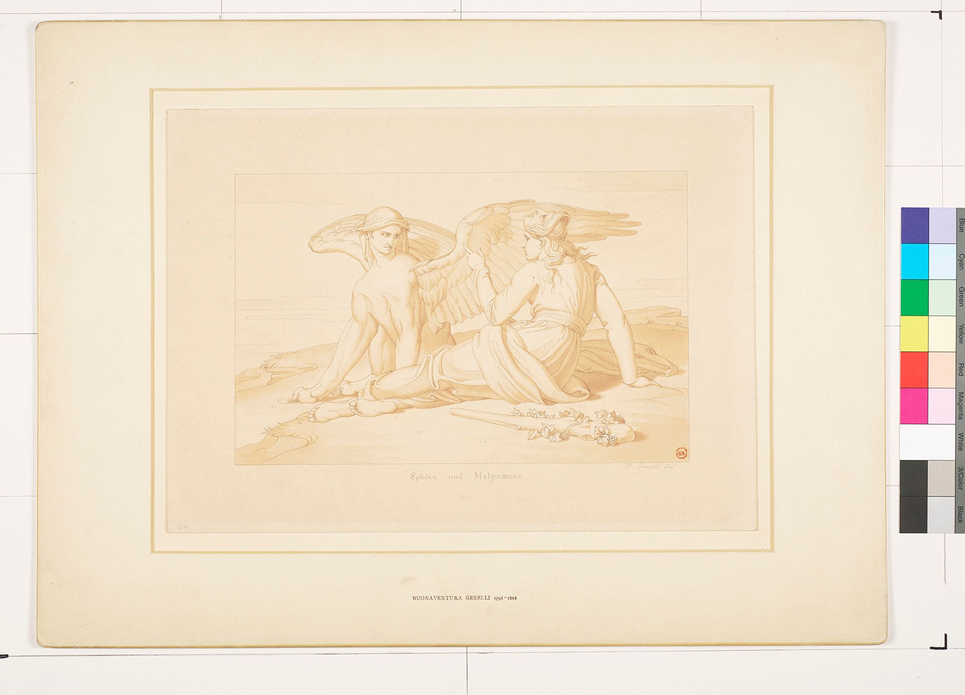 Zeichnung. Eine Frau (Muse Melpomene) und eine männliche Gestalt mit Flügeln und Pfoten (Sphinx) an einem Strand.