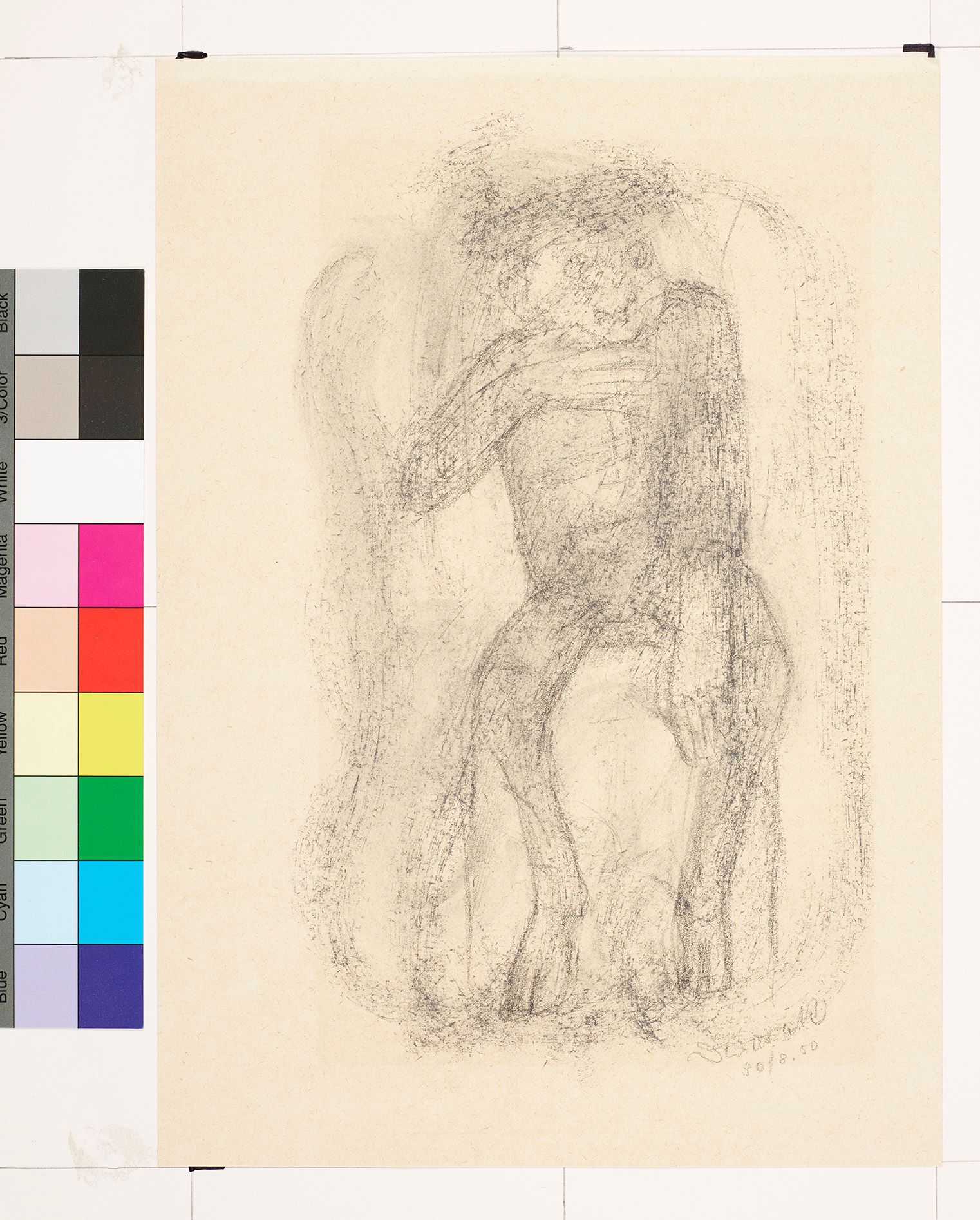 Skizze. Sitzende Person mit einer Hand am Kinn.