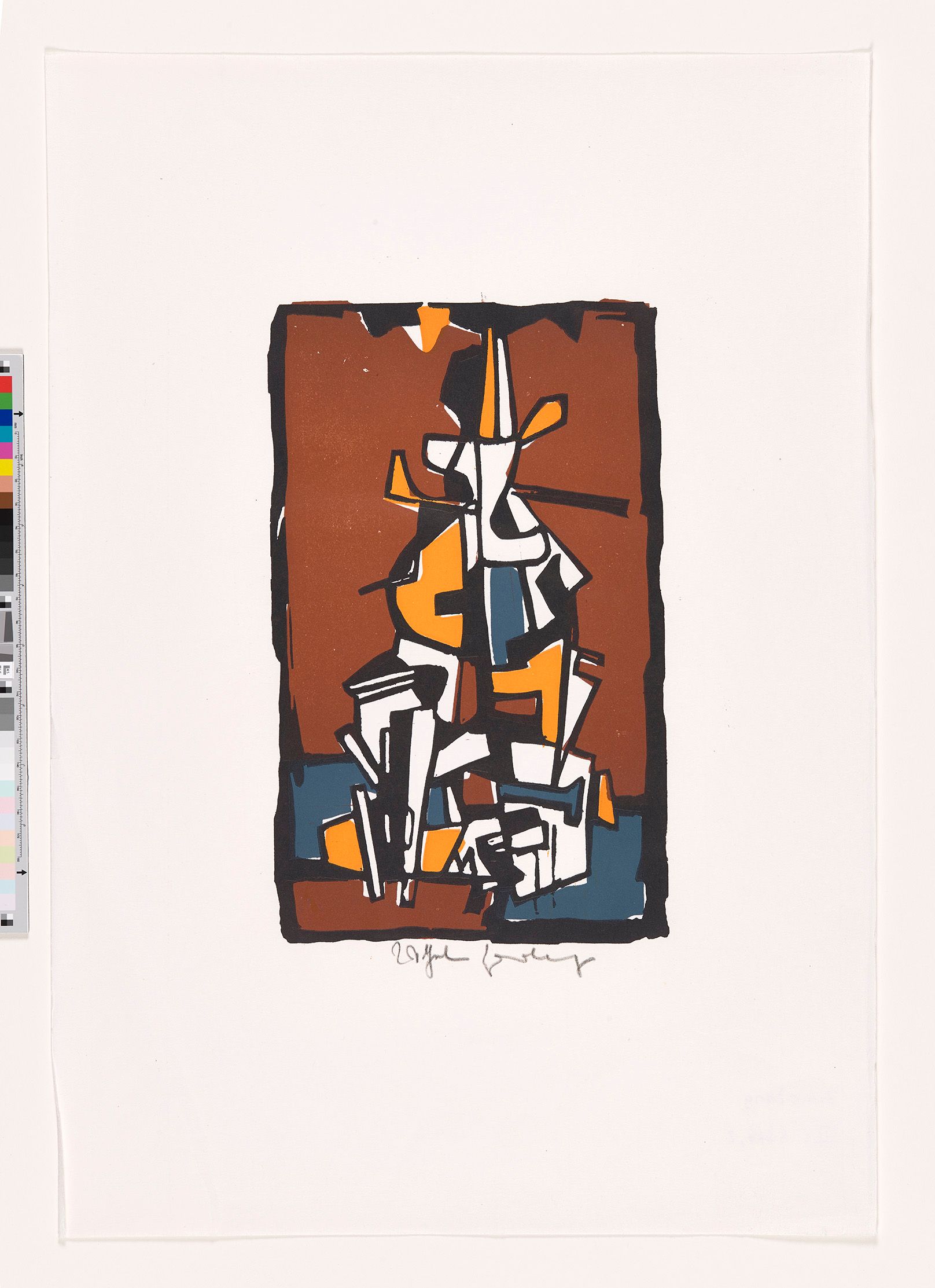 Abstrakte Komposition aus aufgetürmten, mit schwarzen Linien umrandeten orangenen, weißen und blauen Formen vor einem braunen Hintergrund.