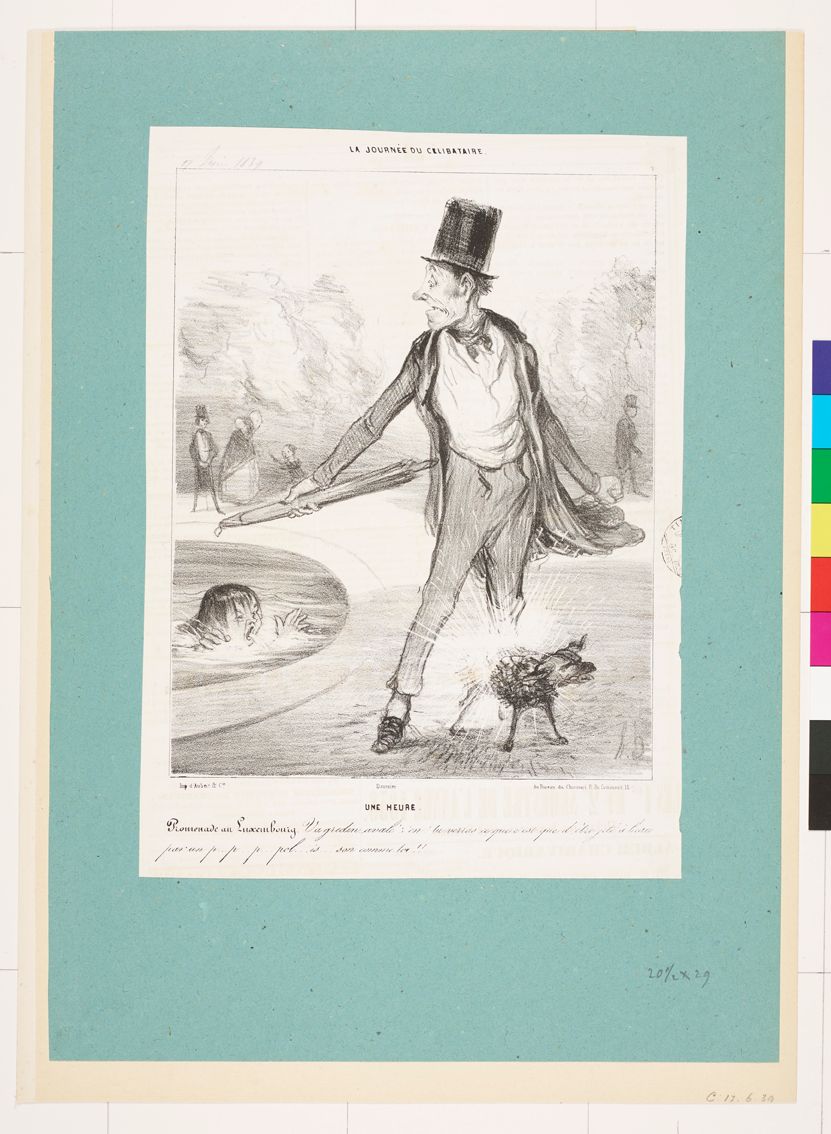 Zeichnung. Ein fein gekleideter Mann mit einem nassen Hund. Links im Brunnen ist eine ertrinkende Frau. 