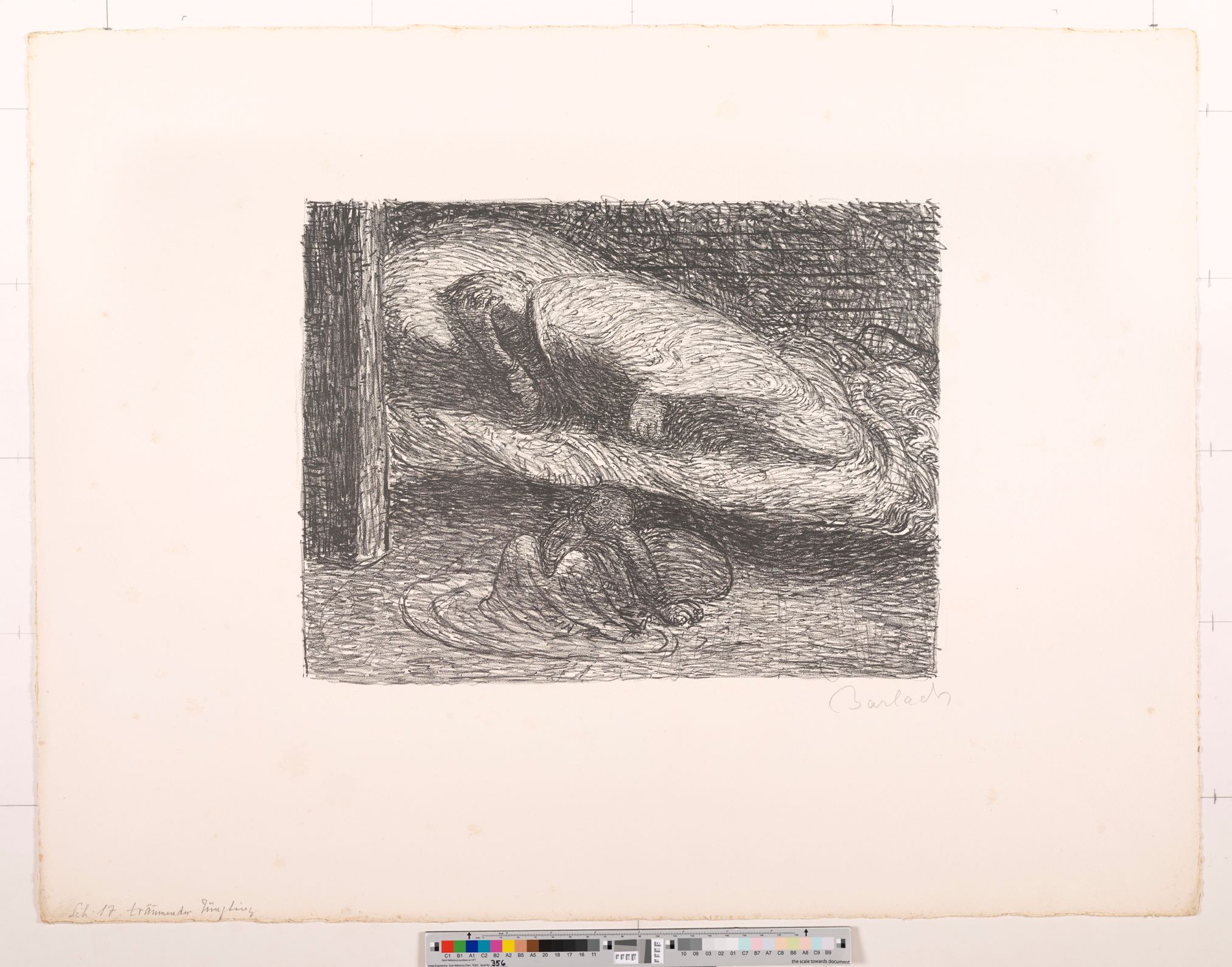 Skizze. Schlafender Mann im Bett. Auf dem Boden sind....