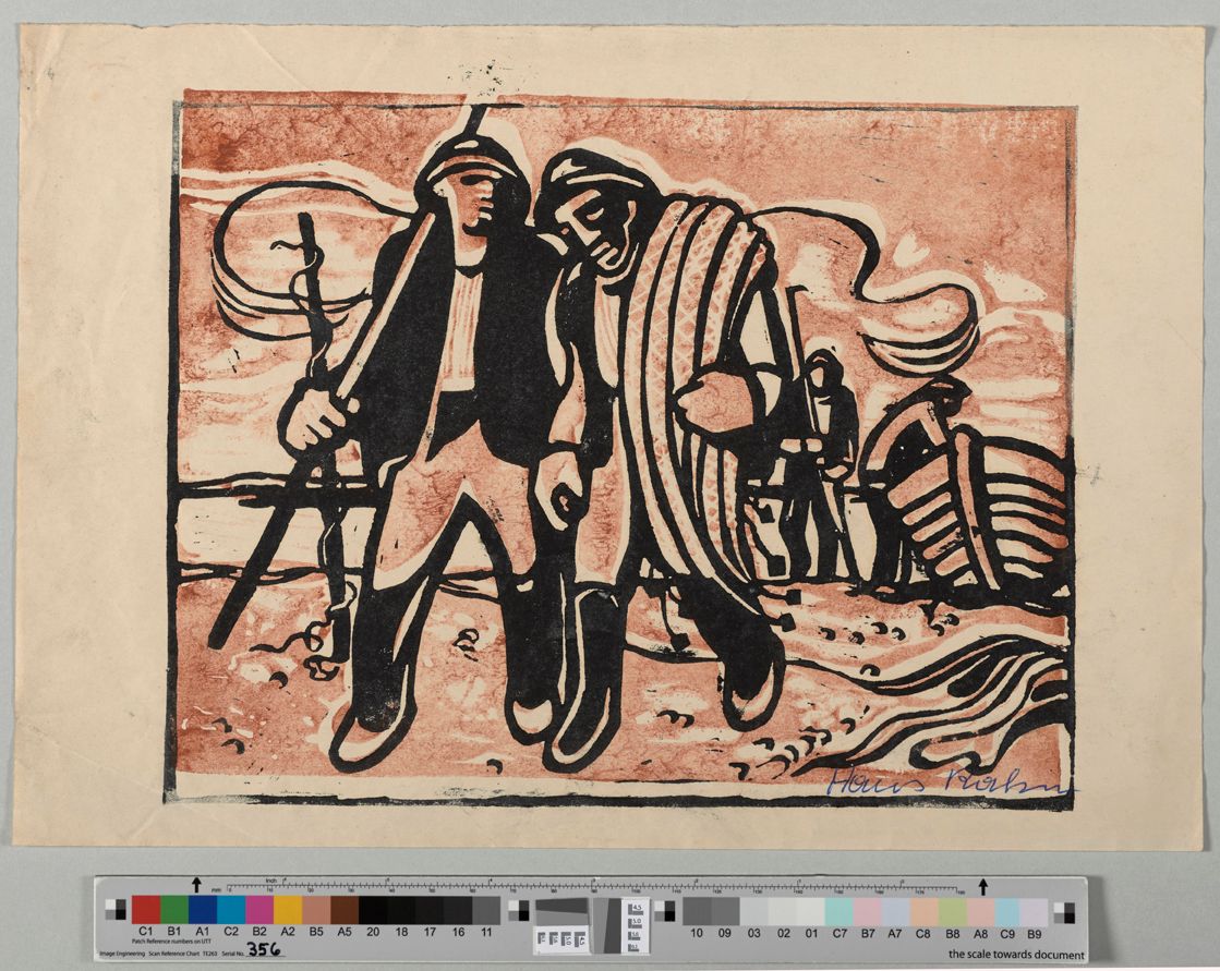 Abstrakte Darstellung von zwei Fischern. Die Fischer laufen von ihrem im Hintergrund liegendem Boot weg. Sie tragen ihre Angeln und Netze mit sich.