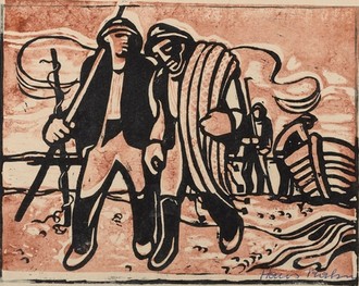 Abstrakte Darstellung von zwei Fischern. Die Fischer laufen von ihrem im Hintergrund liegendem Boot weg. Sie tragen ihre Angeln und Netze mit sich.