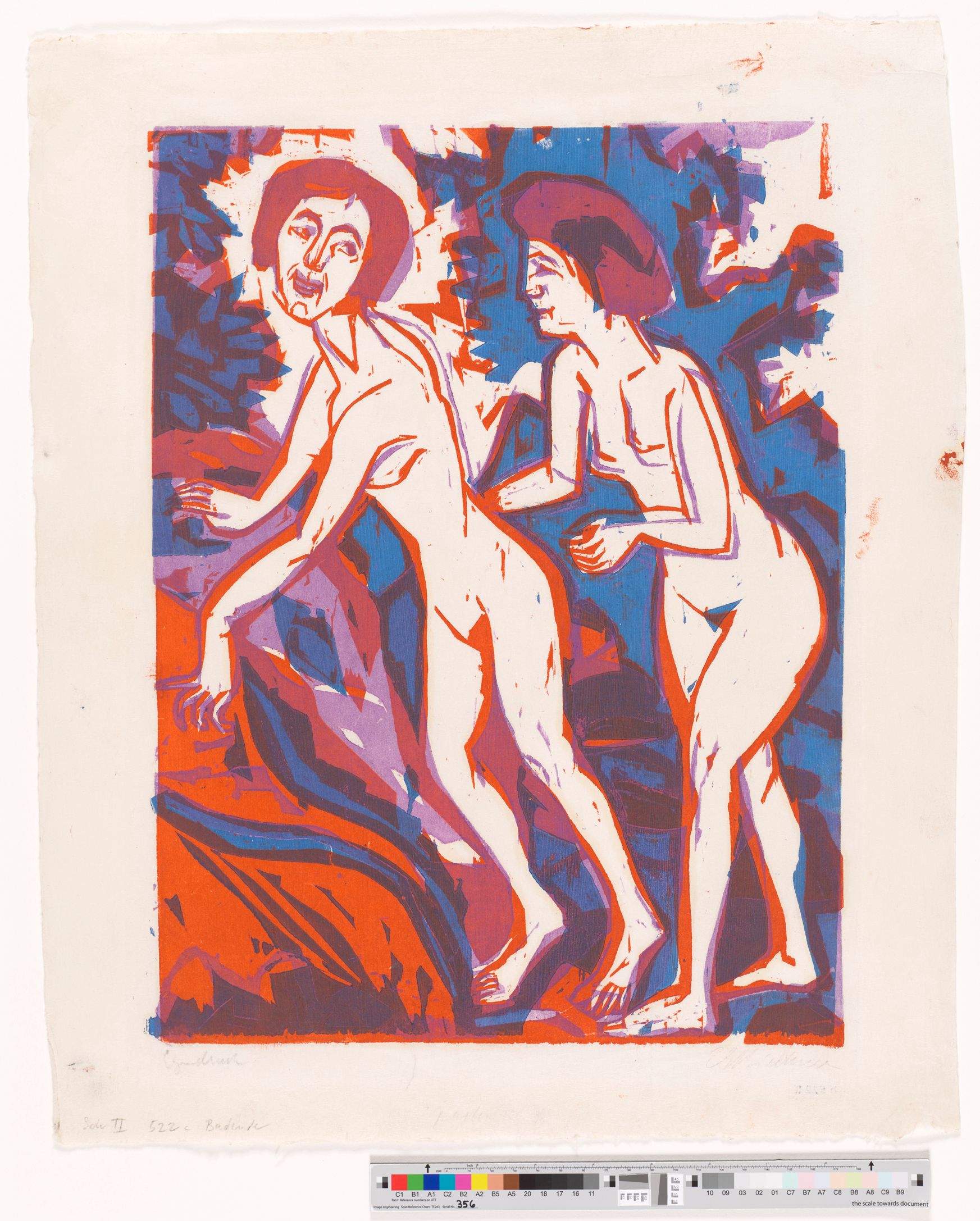 Abstraktes Bildmotiv. Zwei nackte Frauen mit Badehaube auf rot, blau und violettem Untergrund. 