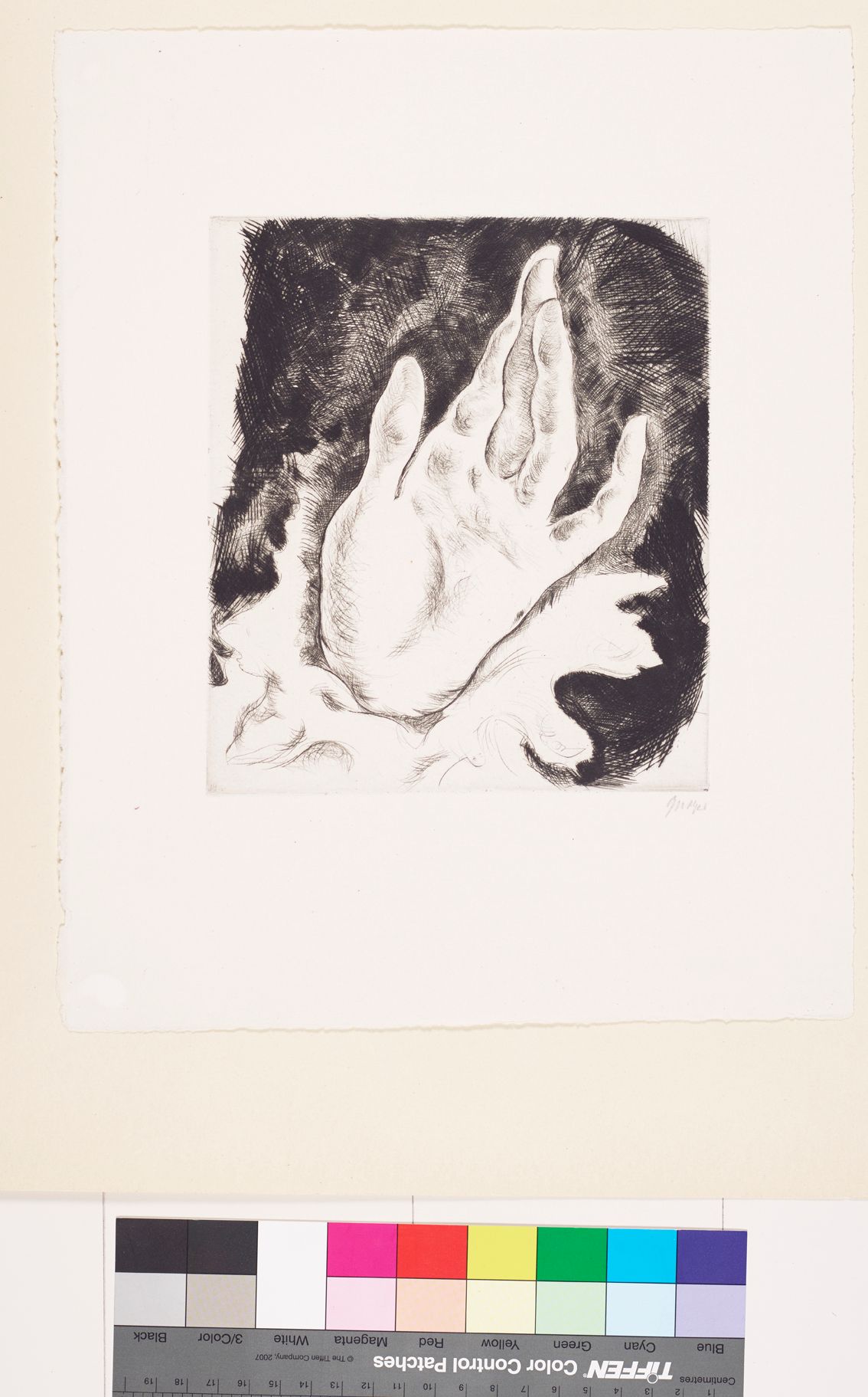 Radierung. Eine Hand mit Rüschenärmel auf schwarzem Untergrund. 