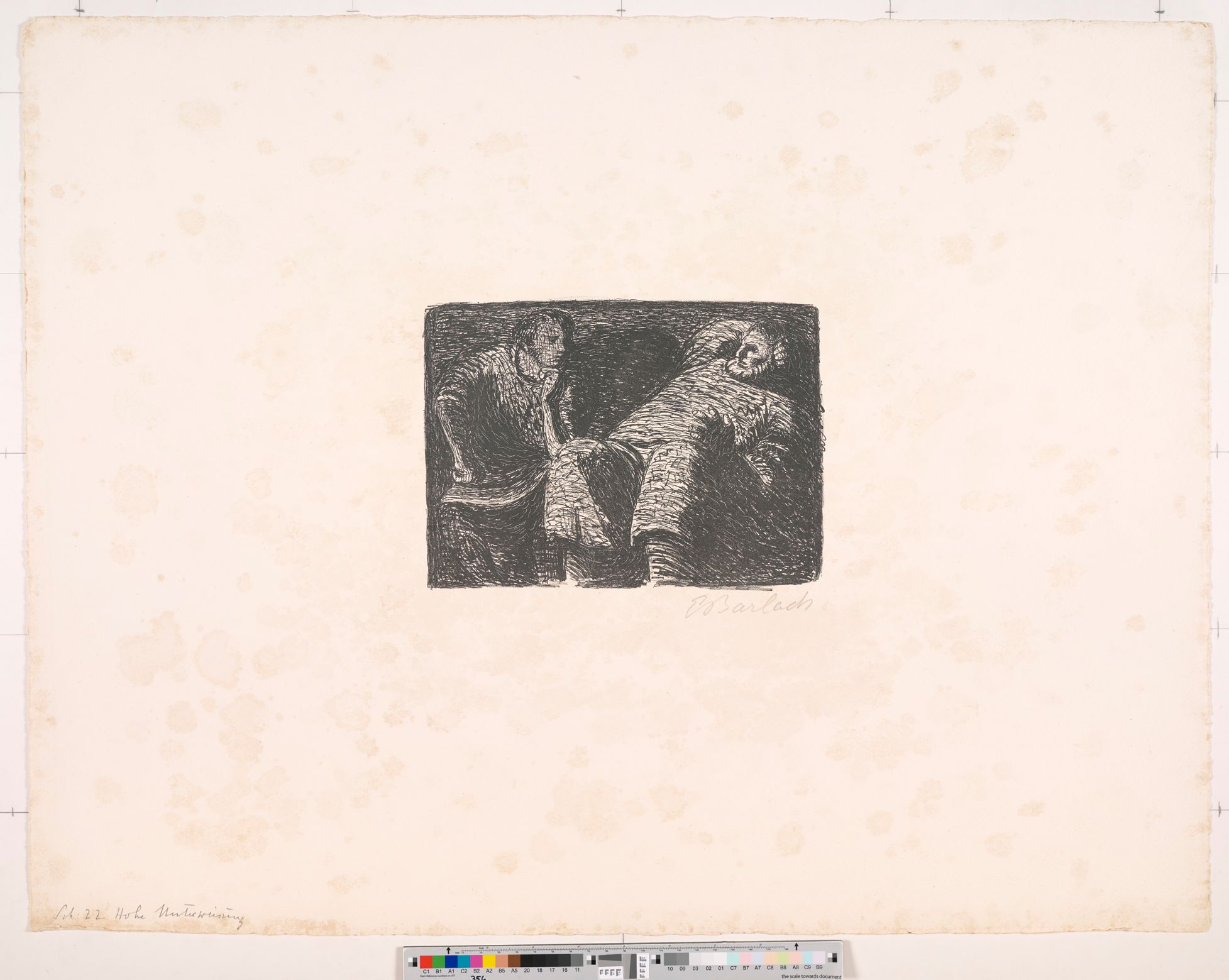 Zeichnung. Ein Sitzender Mann und ein halb liegender Mann schauen einander an.