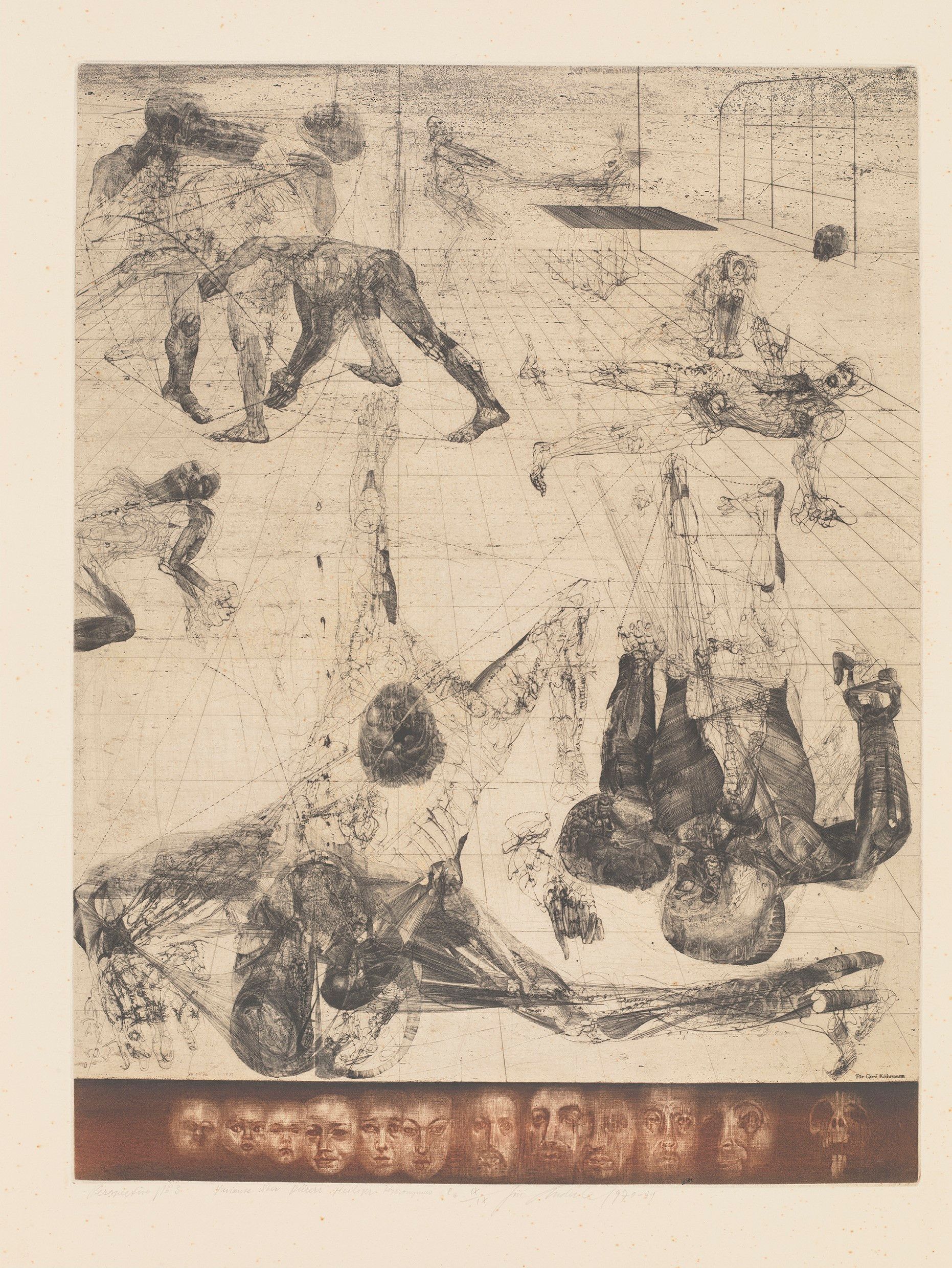 Abstraktes Bildmotiv. Vertikale Aufteilung mit mehreren skelettartigen Zeichnungen. Und unten 12 Gesichter. 