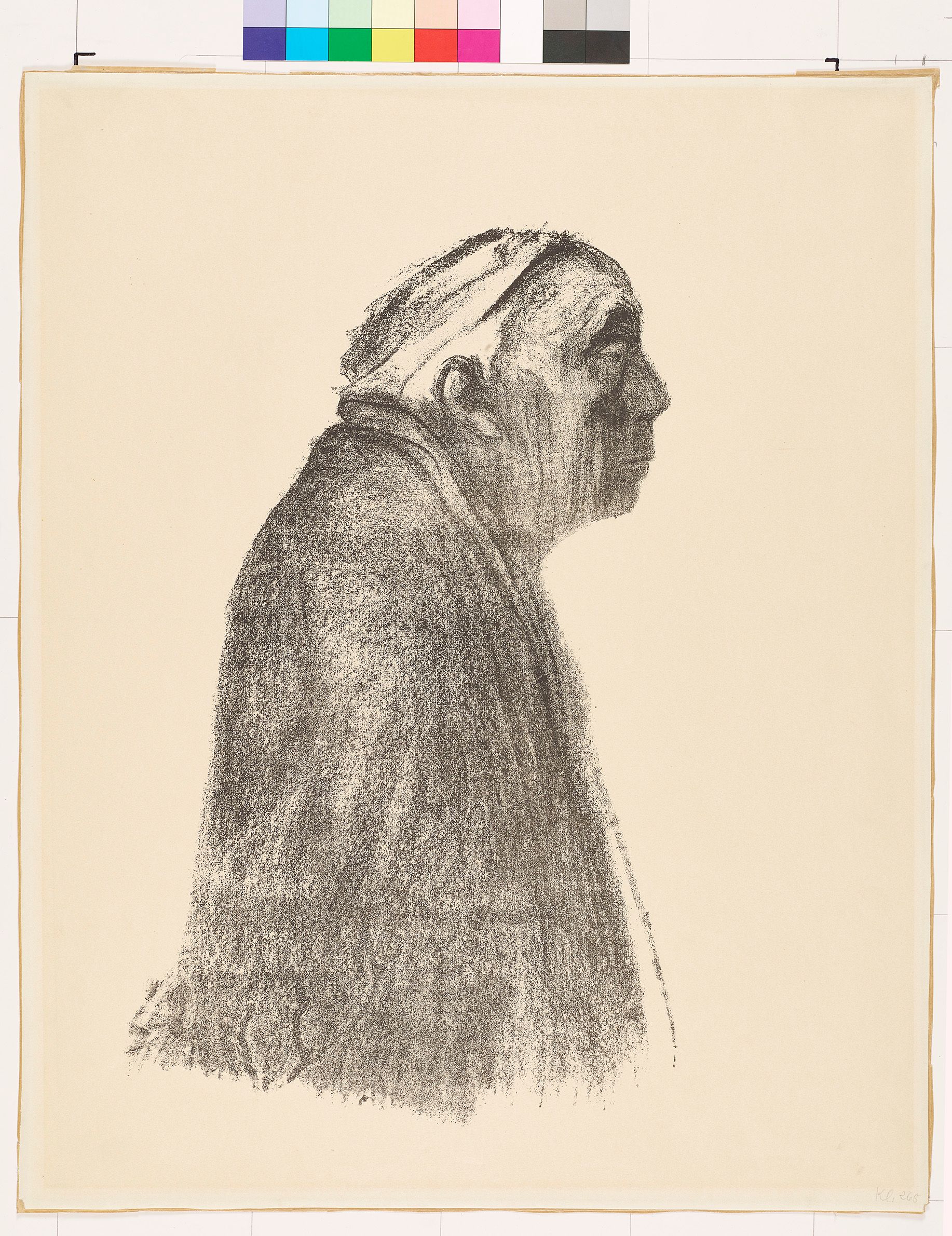 Ein Selbstbildnis von Käthe Kollwitz im Profil nach rechts blickend.