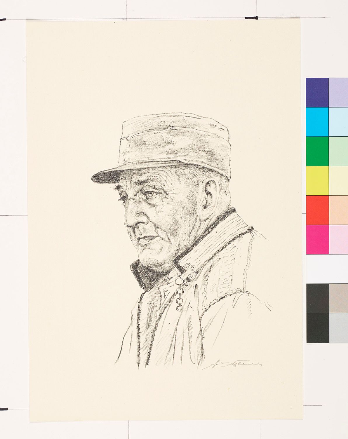 Zeichnung. 3/4 Ansicht eines Mannes mit einer Mütze und einer Jacke mit hohem Kragen.