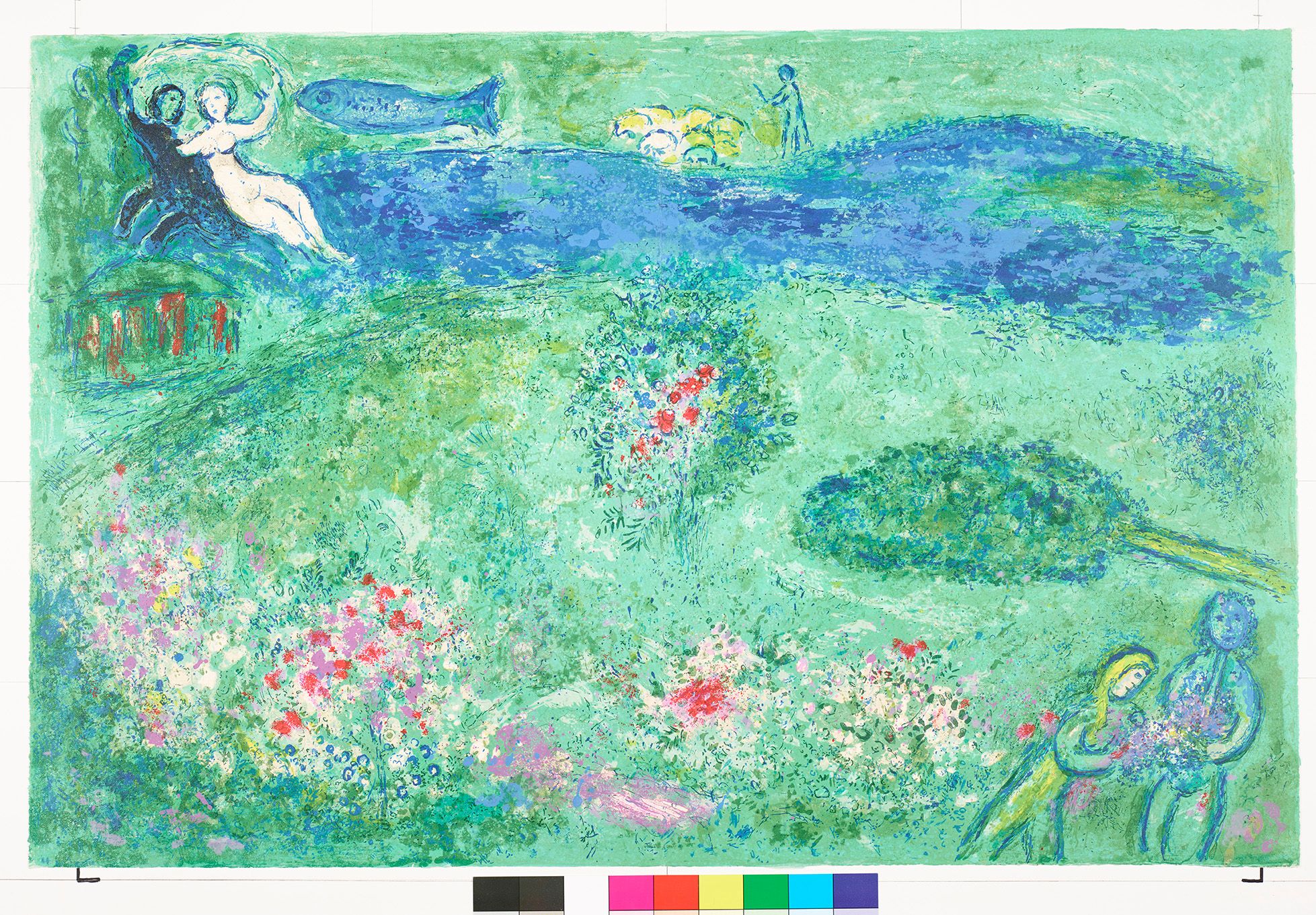 Abstraktes Bildmotiv von einem Garten. Am oberen linken Bildrand sitzen zwei Personen an einem Teich. Am unteren rechten Bildrand stehen zwei Personen mit Blumen in der Hand.