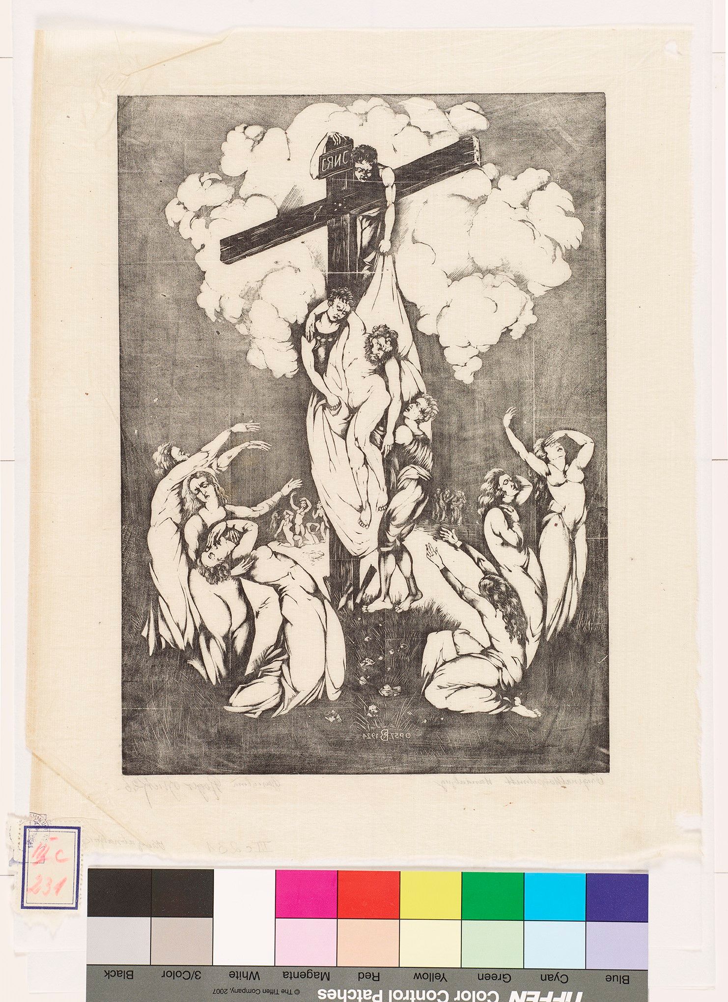 Jesus Christus wird vom Kreuz abgenommen und in ein Tuch gewickelt. Am Boden fallen die Frauen in Ohnmacht. 