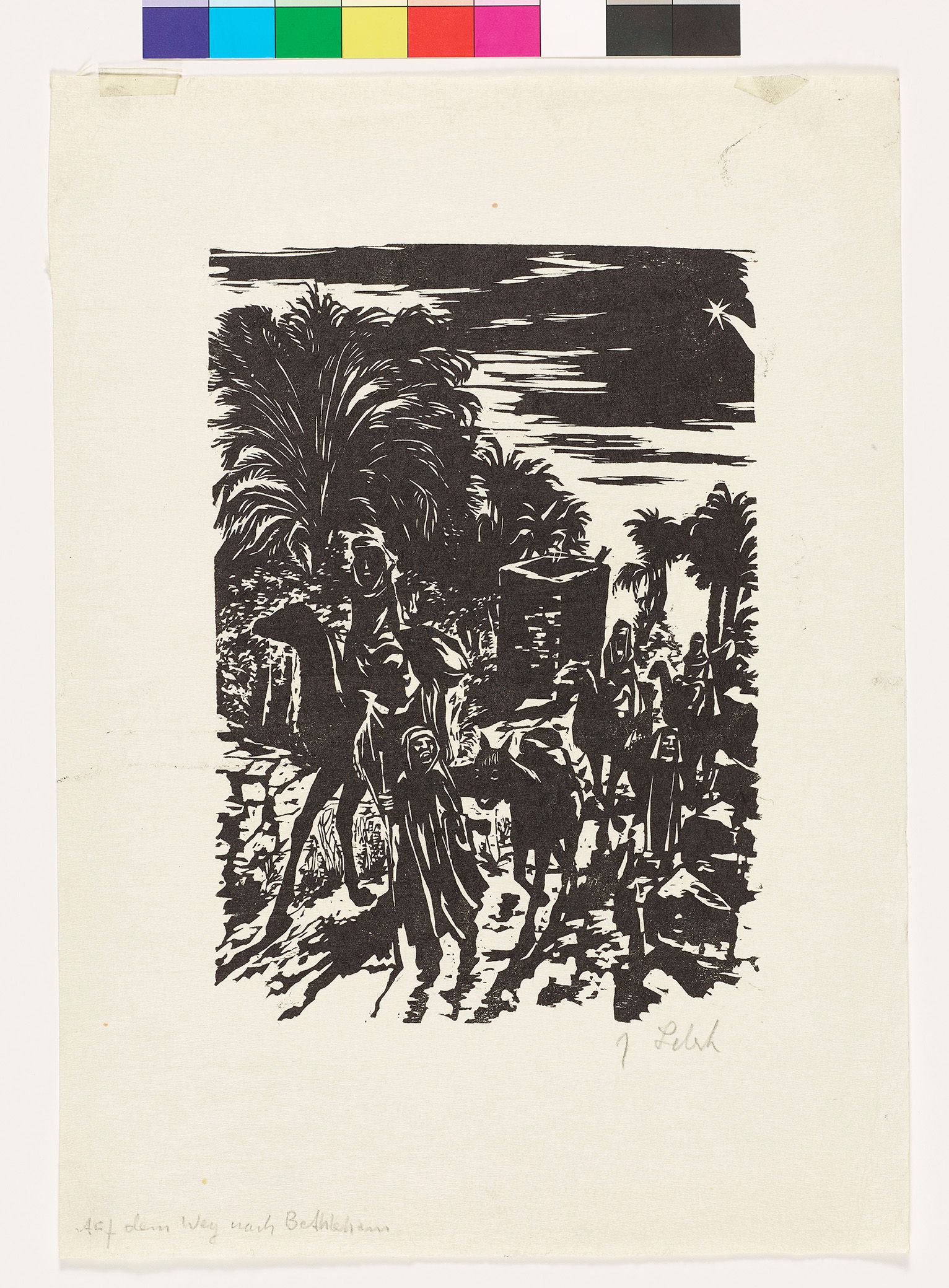 Eine Gruppe von Reisenden, teils zu Pferde, teils zu Fuß, wandert eine Pfad entlang. Am Himmel leuchtet rechts oben der Stern von Betlehem.