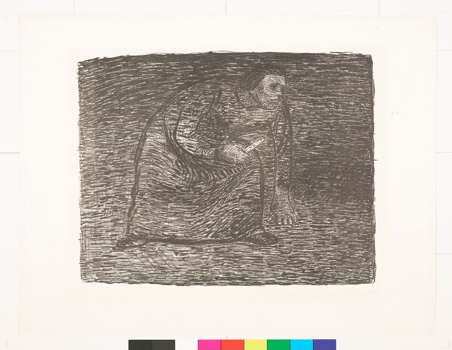 Zeichnung. Gebeugte Frau mit einem Messer in der Hand.