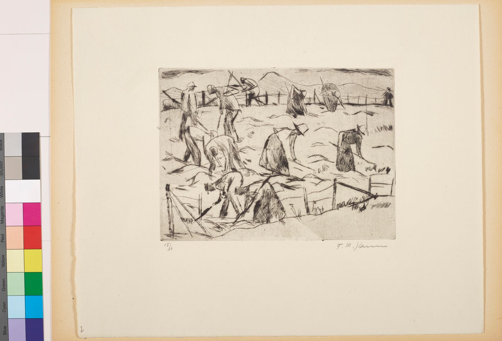 Zeichnung. Bauern und Bäuerinnen auf einem Feld am ackern. 