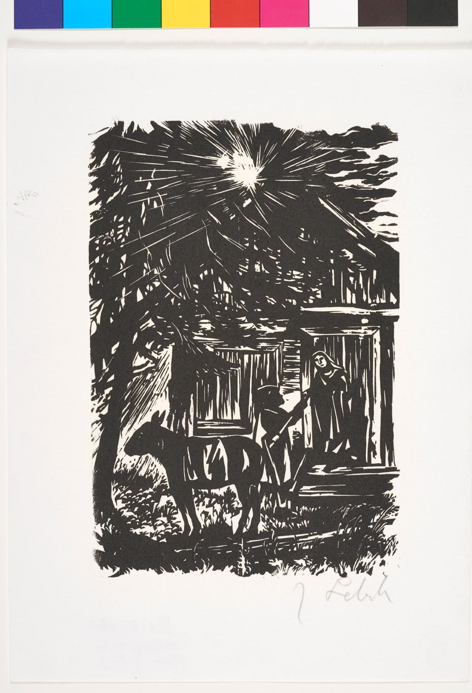 Josef hilf Maria die Stufen eines Hauses hinunter. Vorne steht der Esel. Am Himmel leuchtet der Stern von Betlehem.