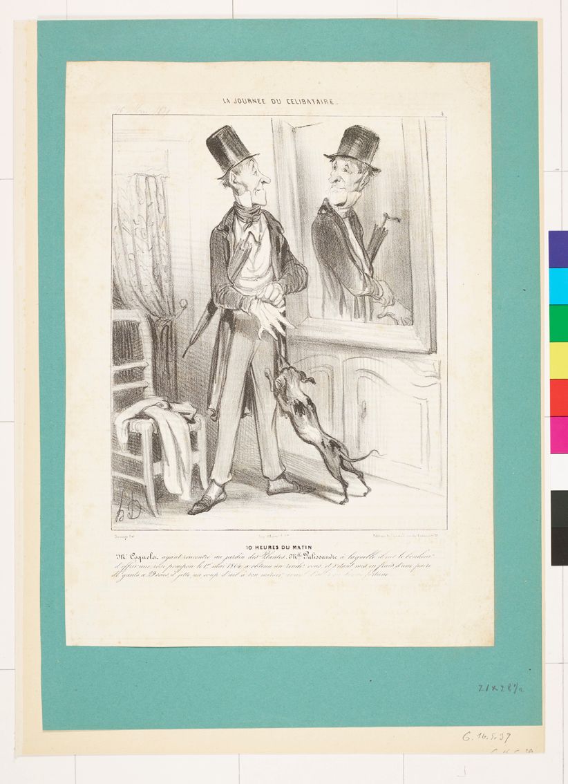 Zeichnung. Ein fein gekleideter Mann, der sich im Spiegel betrachtet. An seinem Bein ist ein Hund.