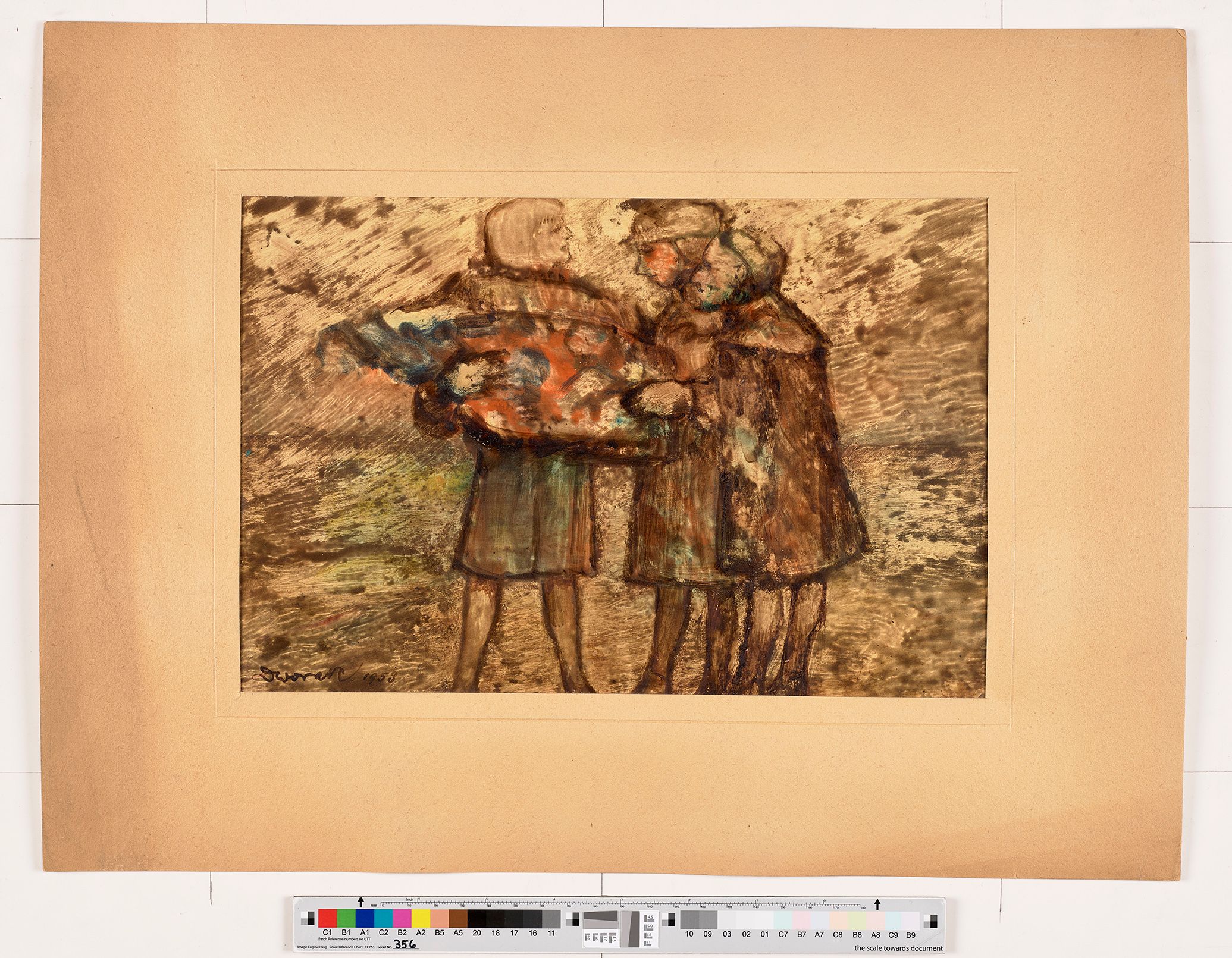 Abstraktes Bildmotiv. Zwei Männer und eine Frau mit einer bunten Decke im Arm.