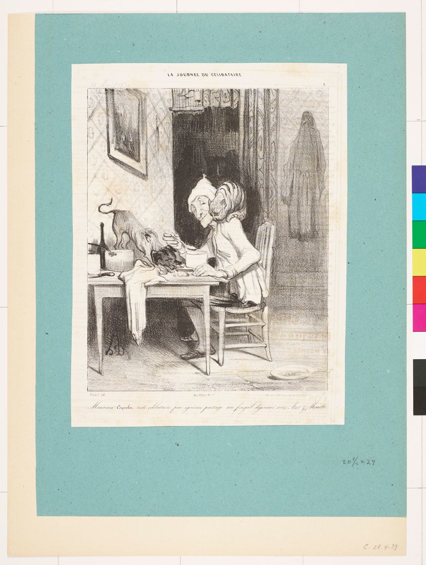 Zeichnung. Ein am Tisch sitzender Mann mit Katze und Hund. Er trägt en Pyjama.