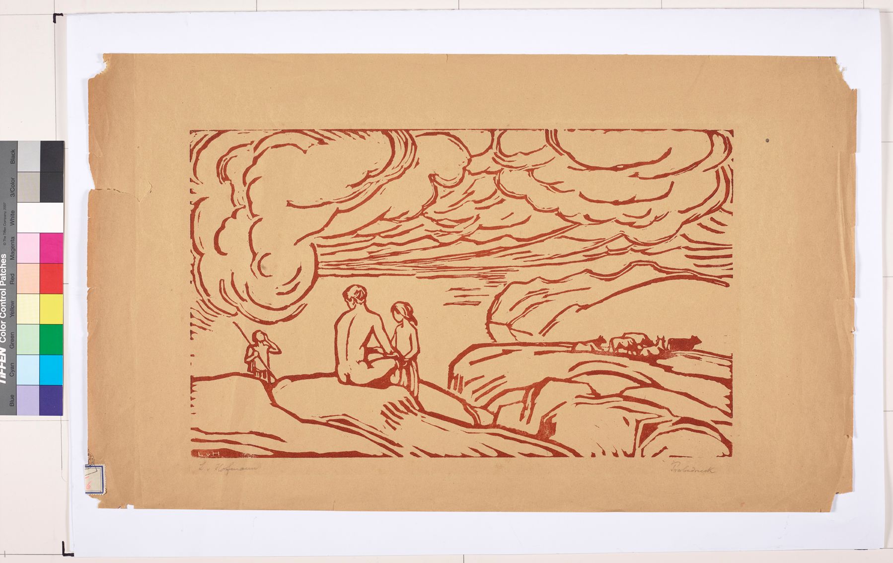 Zeichnung. Nackt sitzender Mann und stehende Frau auf einem Felsen. Links ein Hirte. Im Hintergrund ist eine Landschaft.