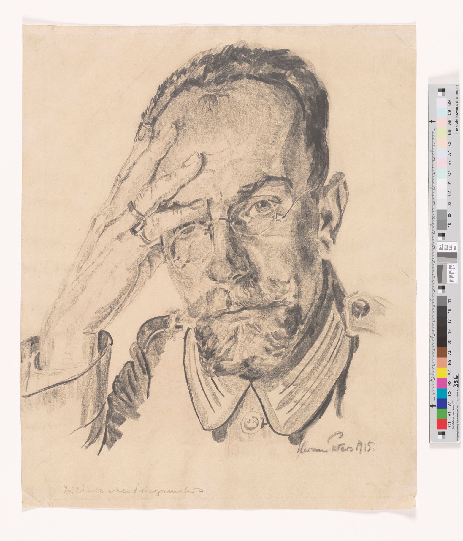 Portrait Zeichnung des Kriegsmaler Hartwich. Hartwich hat seine rechte Hand an seinem Kopf. Außerdem trägt er eine Uniform. 