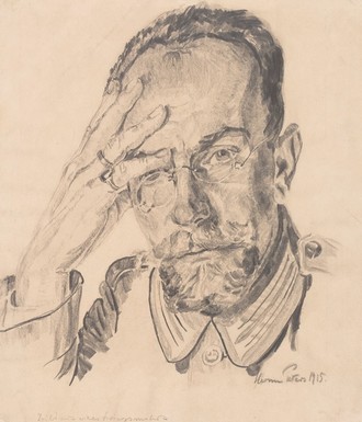 Portrait Zeichnung des Kriegsmaler Hartwich. Hartwich hat seine rechte Hand an seinem Kopf. Außerdem trägt er eine Uniform. 
