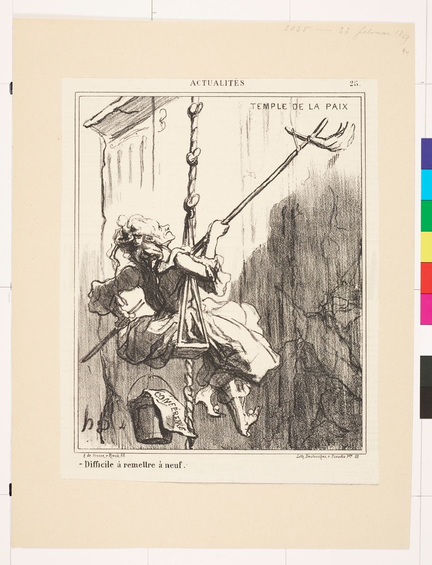 Zeichnung einer alten Frau auf einer Schaukel zum hochziehen. Sie hält einen Stiel in der Hand und säubert eine Säulenfassade.