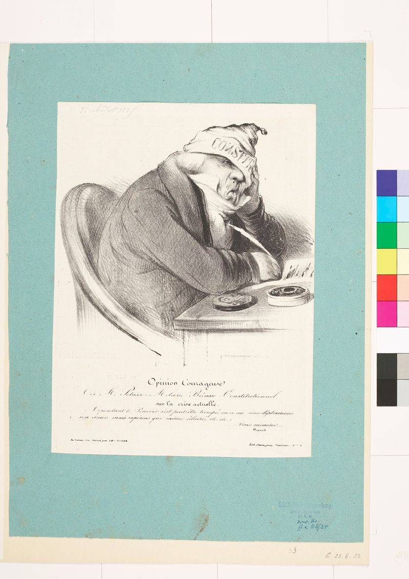 Zeichnung. Ein sitzender, alter Mann mit einer Mütze und einem Mantel. Er schreibt einen Brief.