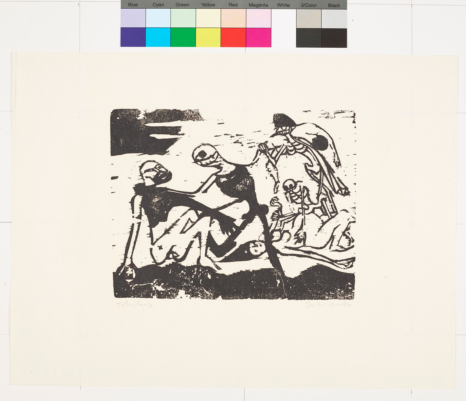 Abstraktes Bildmotiv von sechs Figuren. Die zwei Figuren im Vordergrund blicken zueinander. Die zwei Skelette im Hintergrund tragen einen Mann und eine Frau.