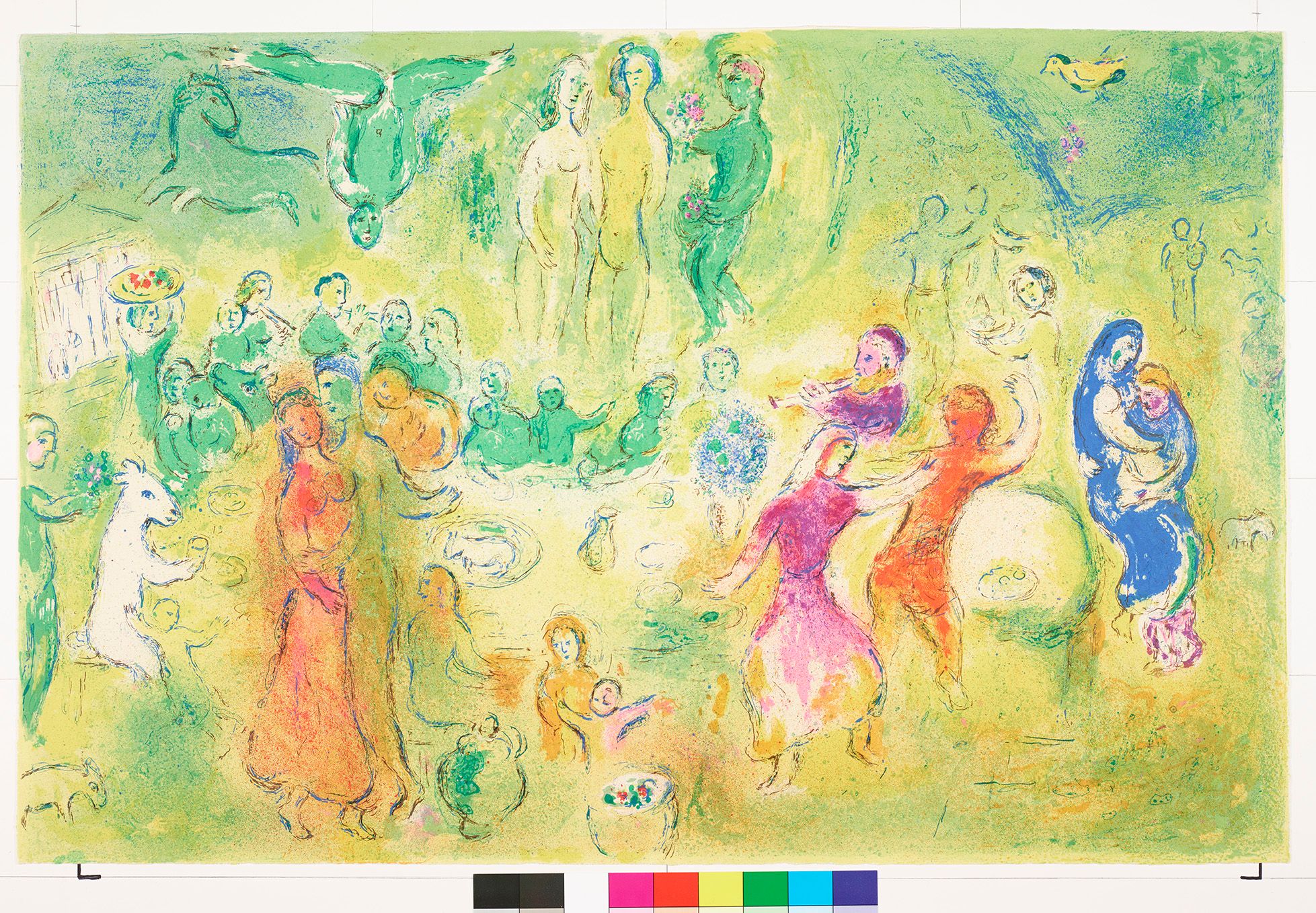 Abstraktes Bildmotiv auf grünem Untergrund. Eine Menschenmenge an einem großen Tisch mit Tieren. In der Mitte über ihnen stehen eine Frau und zwei Männer. Der eine Mann hat Blumen in der Hand.