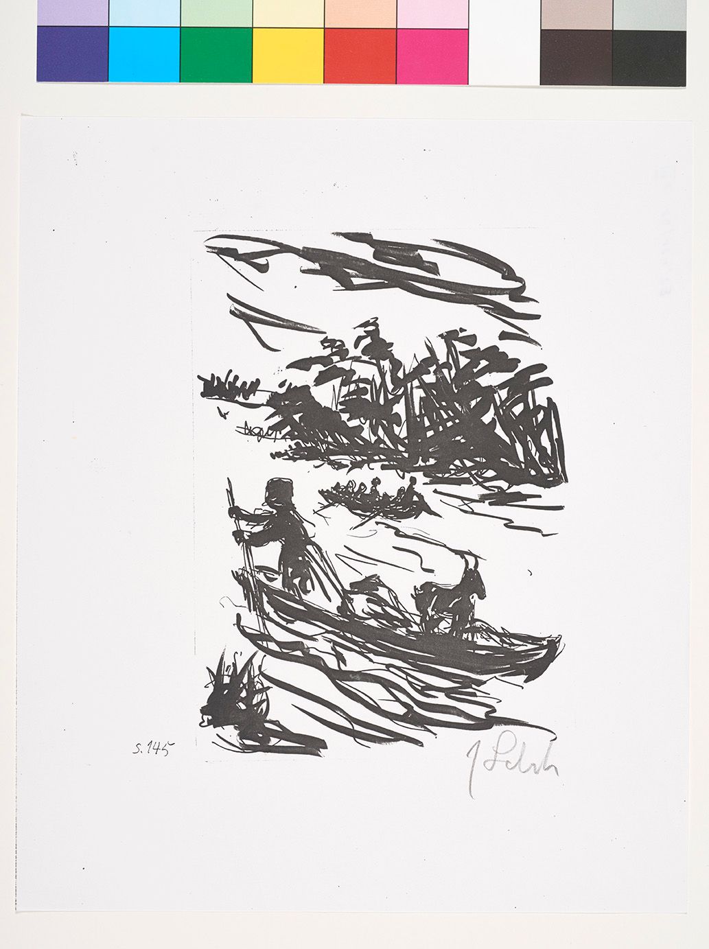 Zwei Kähne, der hintere voller Menschen, der vordere mit einem Bootsteuerer und einem Ziegenbock fahren über einen Fluss.