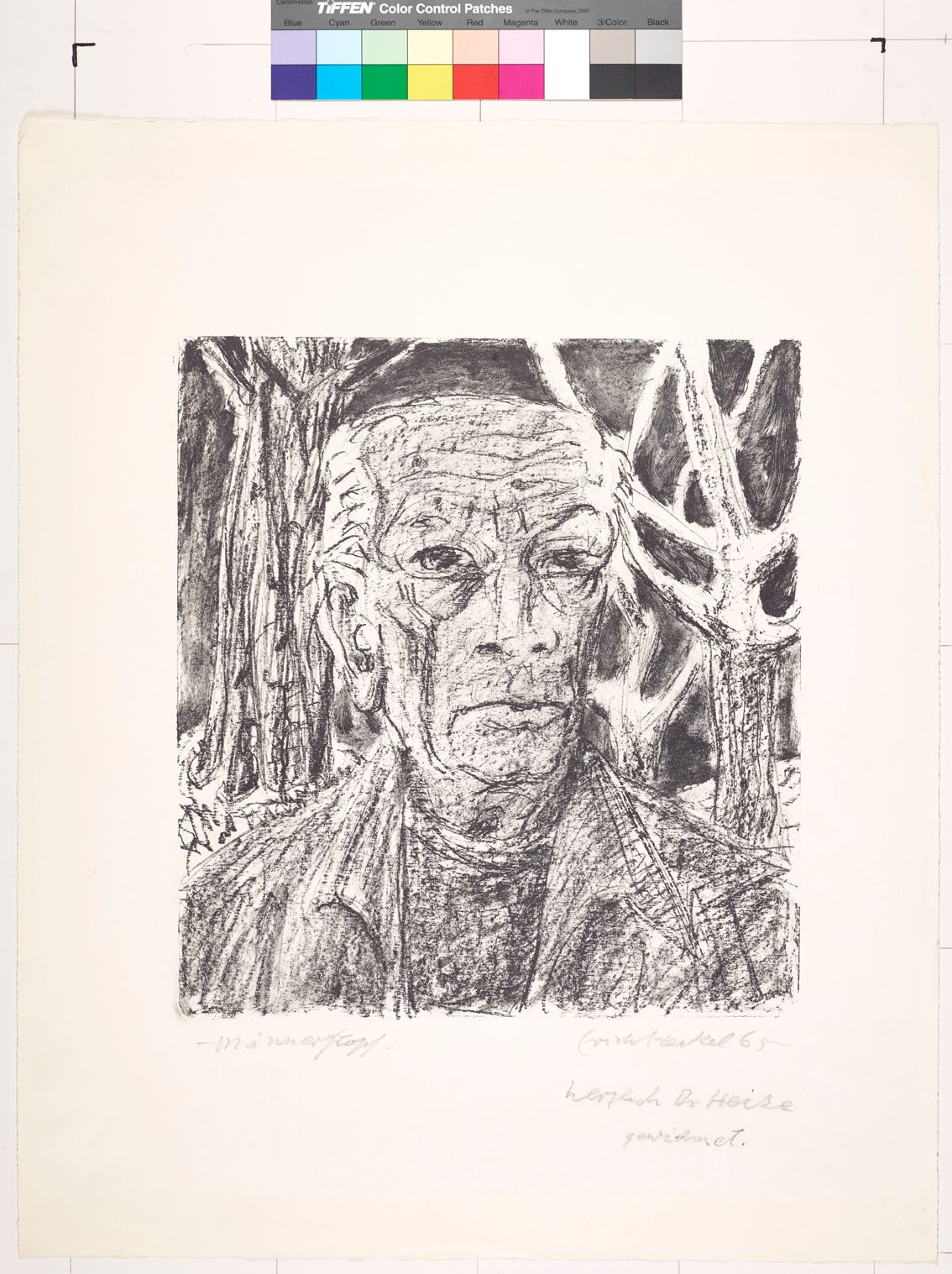 Skizze. Portrait von einem alten Mann im Wald.