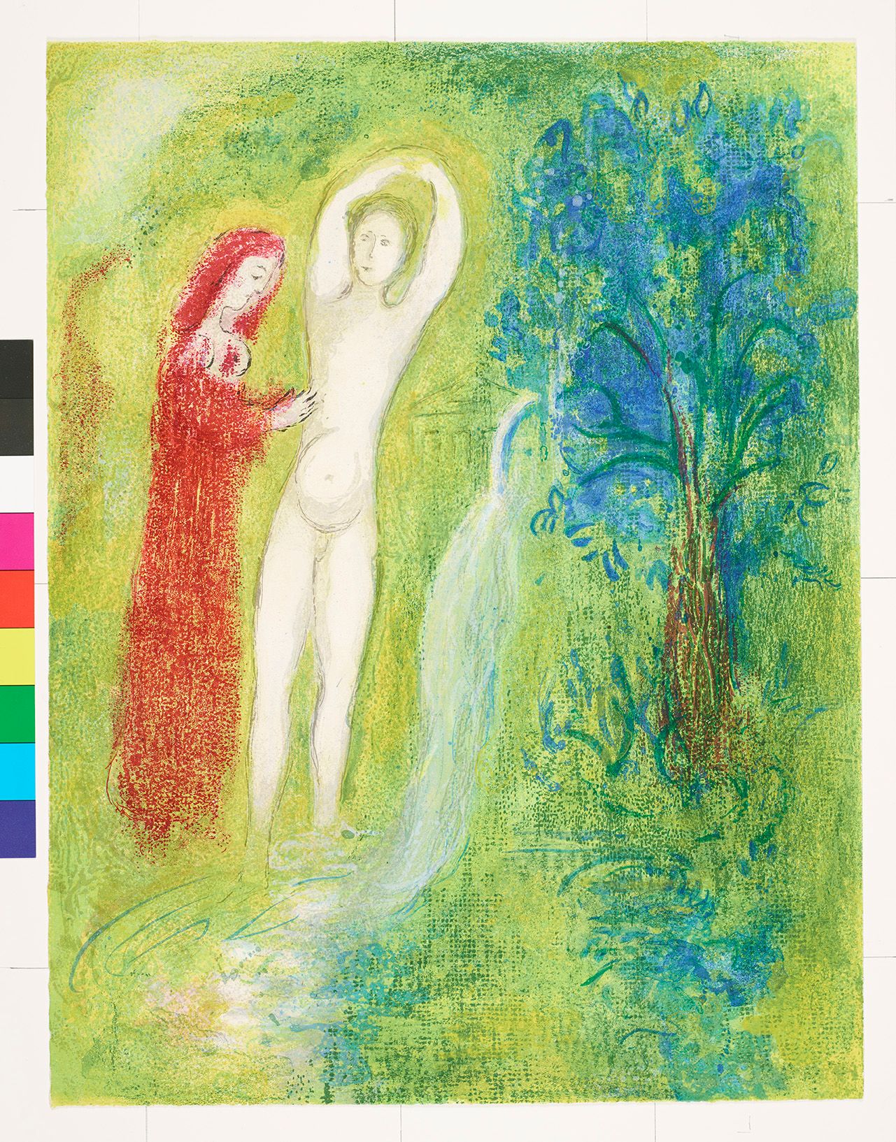 Abstraktes Bildmotiv auf einem Feld. Eine Frau in einem roten Kleid berührt den Bauch einer nackten Person. In der Mitte schwebt eine Person aus dem Fluss hervor. Auf der rechten Bildhälfte ist ein Baum mit blauen Blättern.